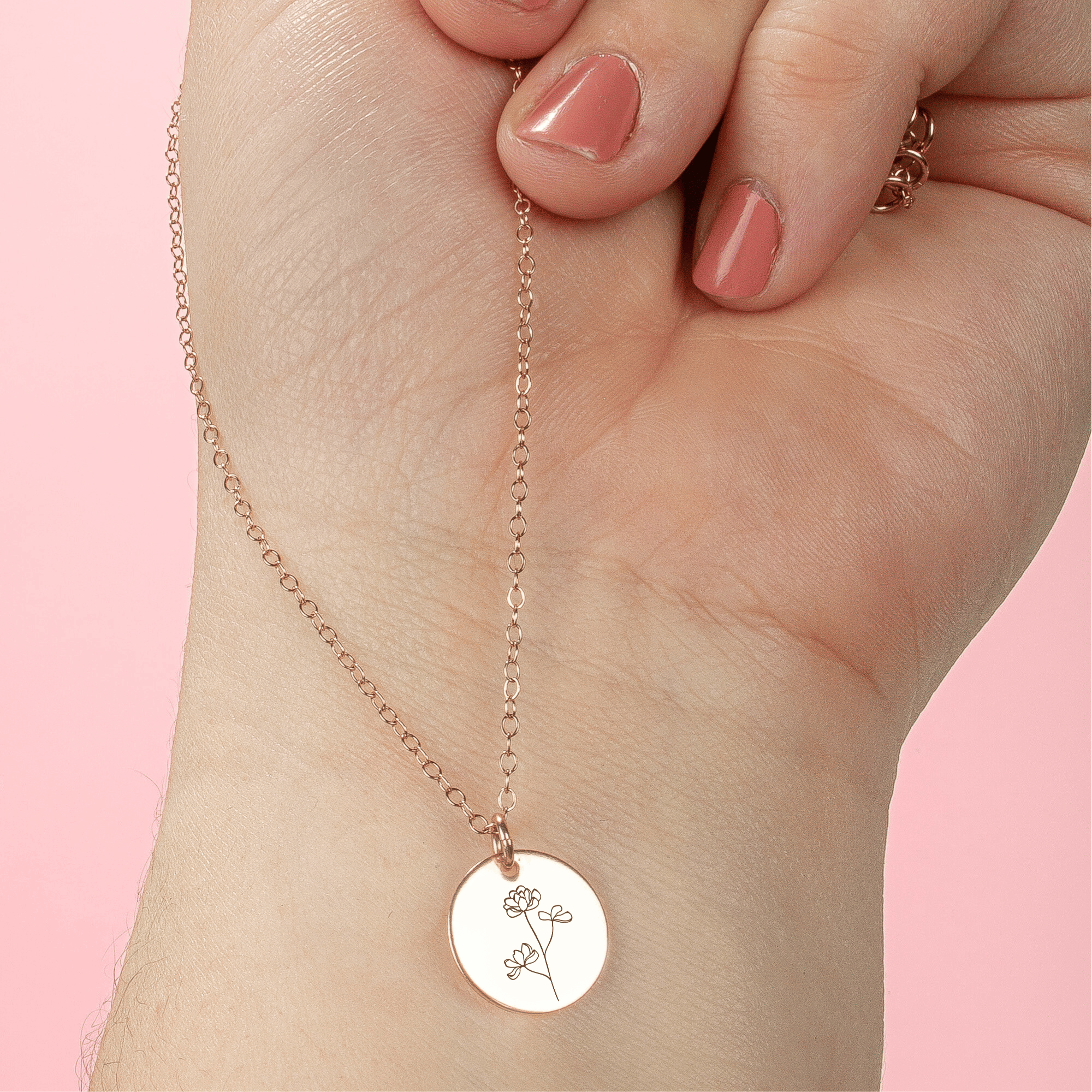 Peony Flowers Disc Necklace - Melanie Golden Jewelry - bridesmaid, disc necklaces, Engraved Jewelry, everyday, flora, minimal minimal necklace, minimal necklace, necklace, necklaces, symbolic, wedding, wedding party