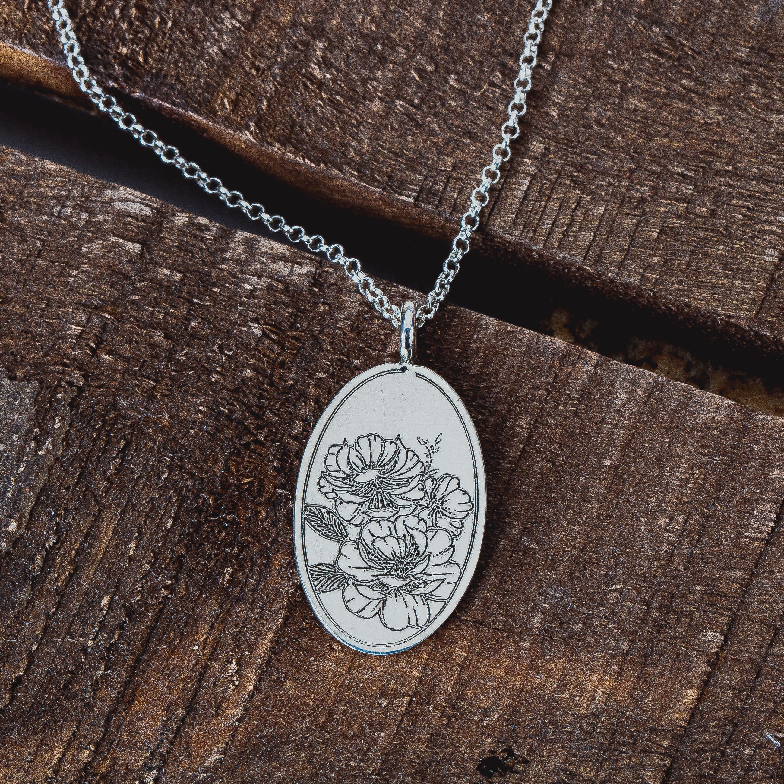 Engraved Peony Flower Pendant Necklace