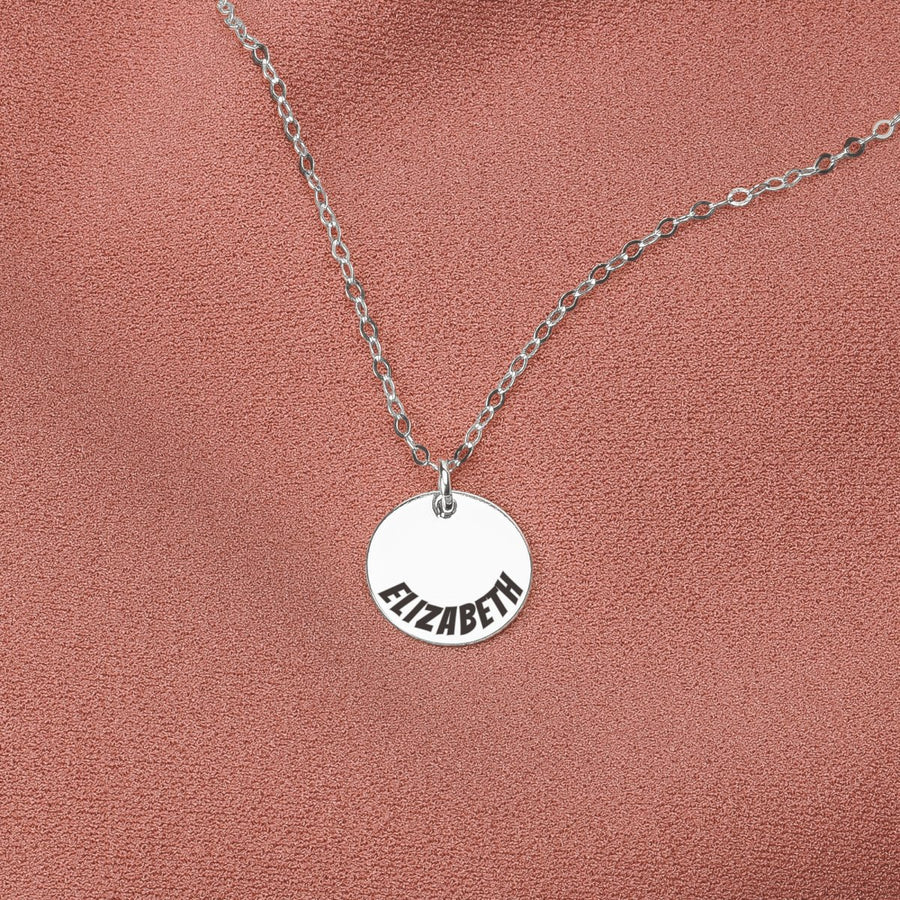 Half Circle Name Disc Necklace - Melanie Golden Jewelry - bridesmaid, custom, disc necklaces, Engraved Jewelry, everyday, love, necklace, necklaces, personalized, personalized necklace, VALENTINES, wedding, wedding party