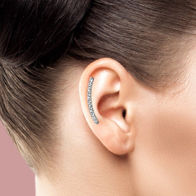 Paisley Cartilage Bar Earring Sterling Silver Long Swirly Swirl Pattern Helix Hex Bar Earring Edgy Piercing Jewelry for Women and Girls