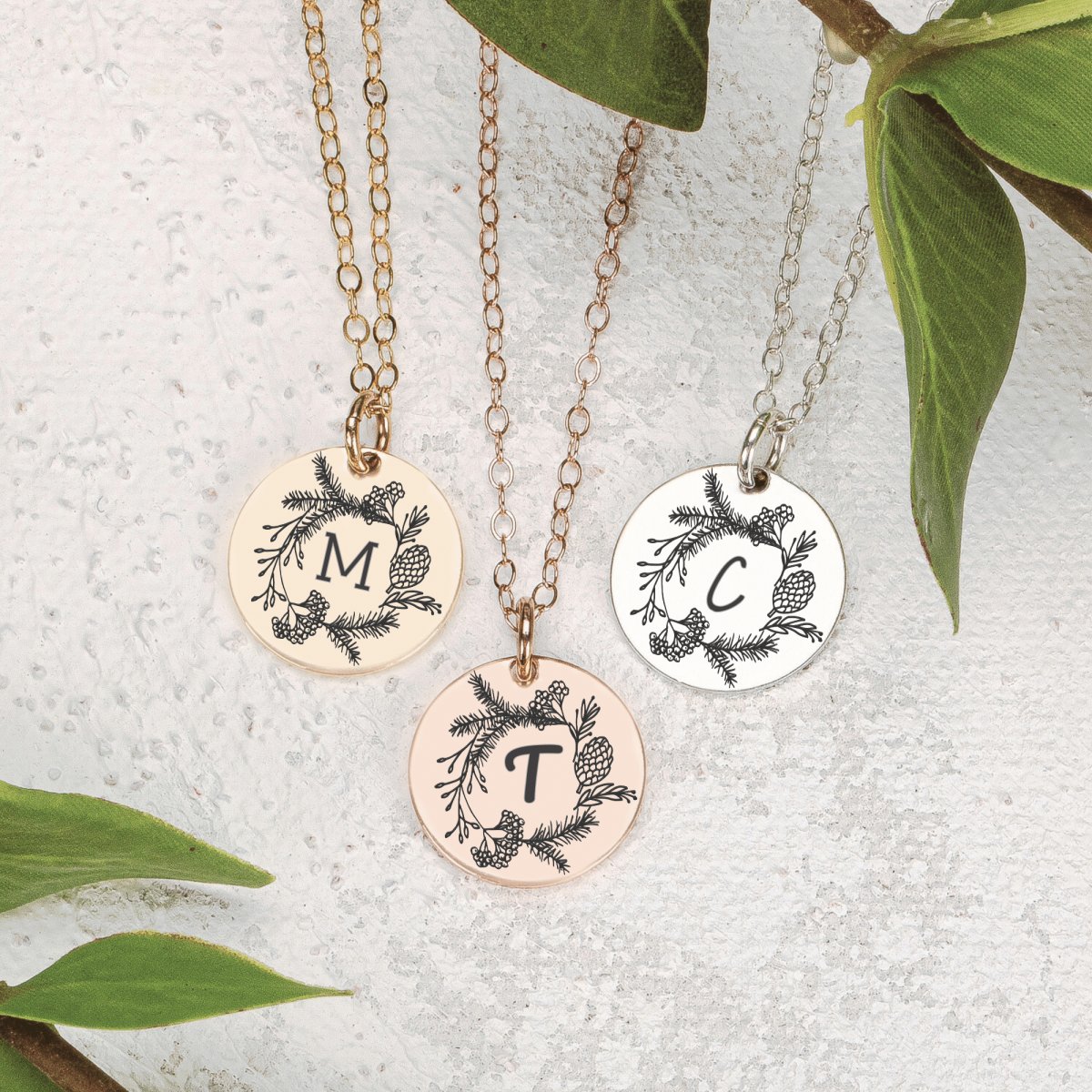 Pine Wreath Initial Necklace - Melanie Golden Jewelry - bridesmaid, custom, disc necklaces, Engraved Jewelry, flora, love, motherhood, necklace, necklaces, personalized, personalized necklace, VALENTINES, wedding, wedding party