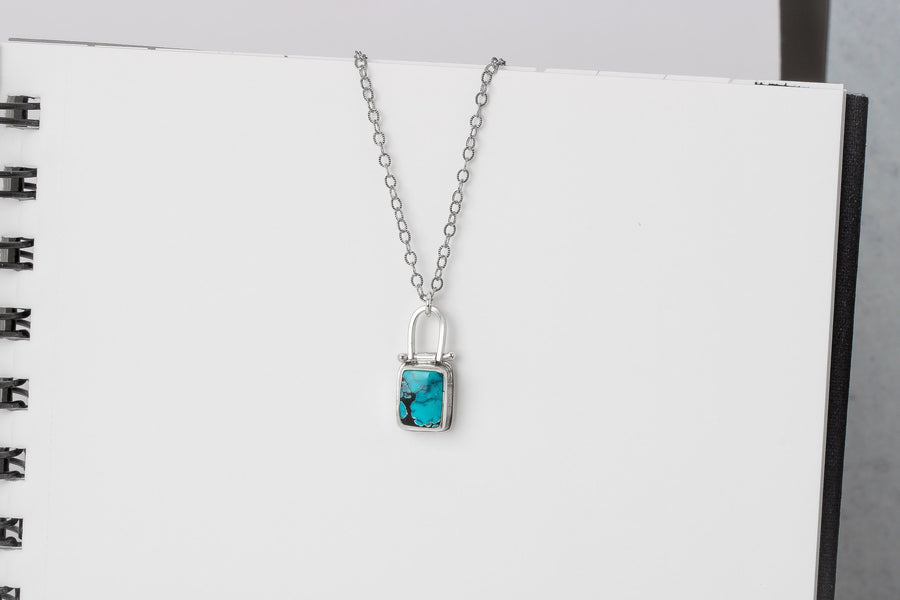 Rectangle Cloud Mountain Turquoise Hinge Necklace In Sterling Silver | Pinned Adjustable Aqua Blue And Black Spiderweb Boho Pendant