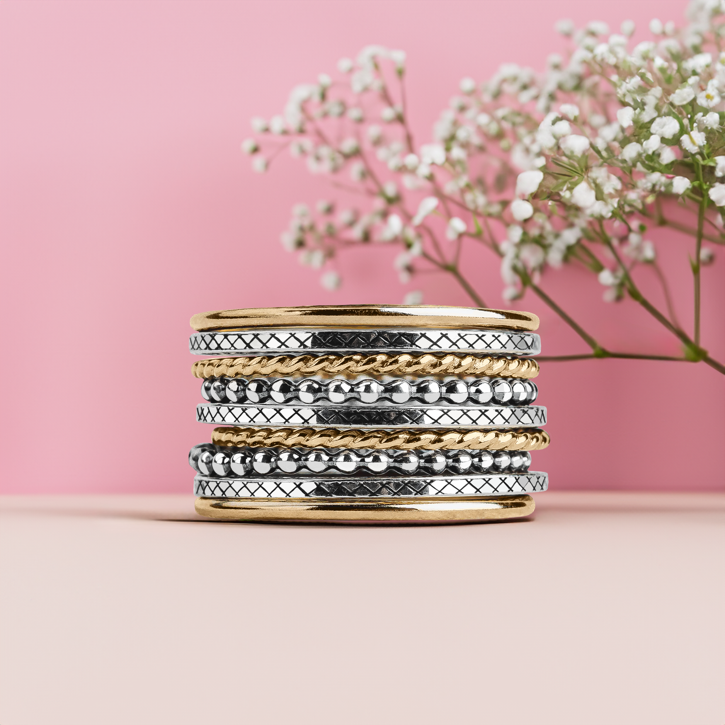 The Nova Stack | Set of 9 Mixed Metal Textured Stacking Rings in Gold and Silver | USA Sizes 4-12