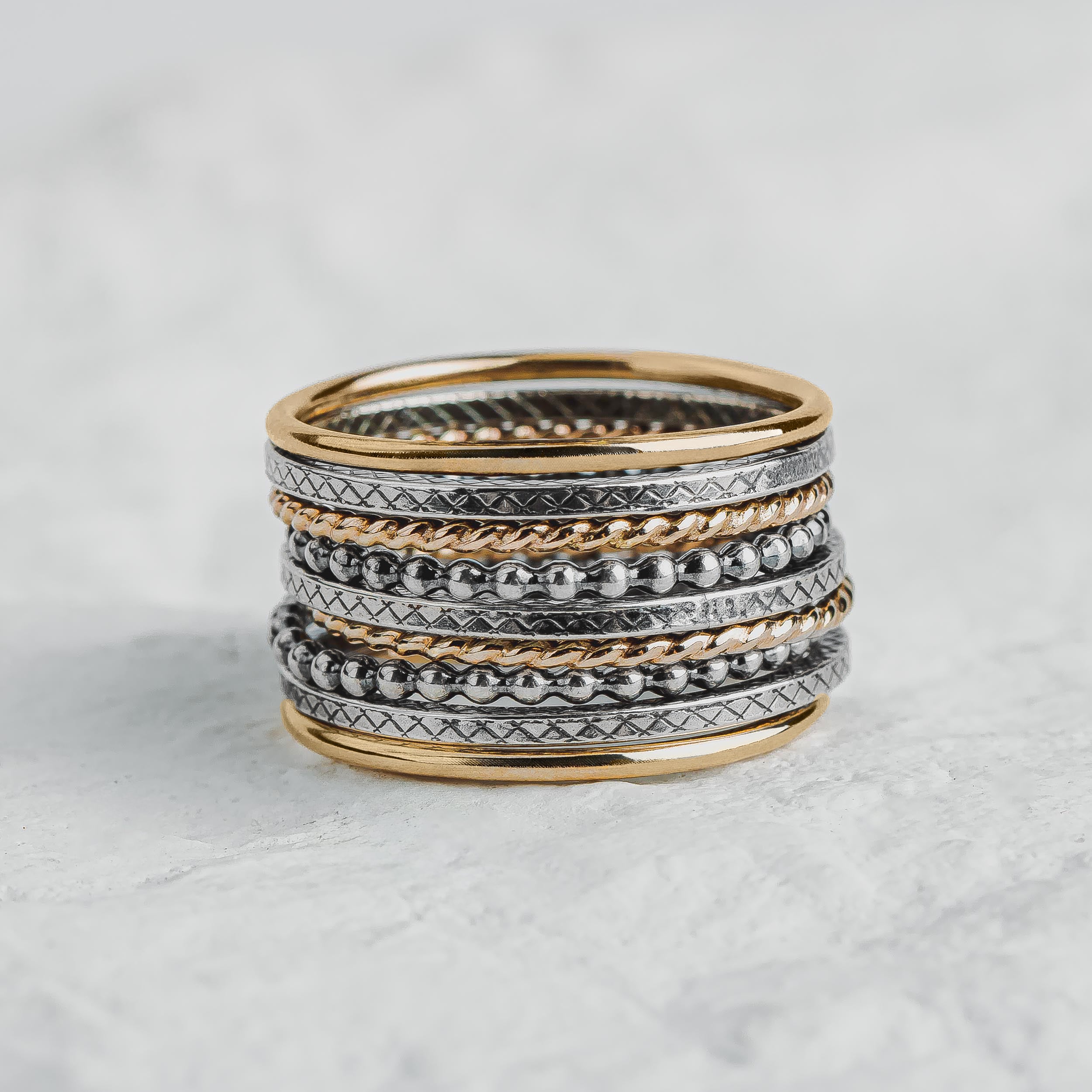 The Nova Stack | Set of 9 Mixed Metal Textured Stacking Rings in Gold and Silver | USA Sizes 4-12
