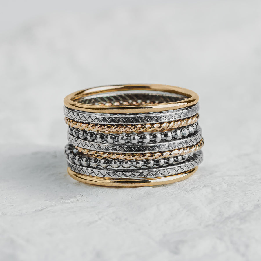 The Nova Stack | Set of 9 Mixed Metal Textured Stacking Rings in Gold and Silver | USA Sizes 4-12