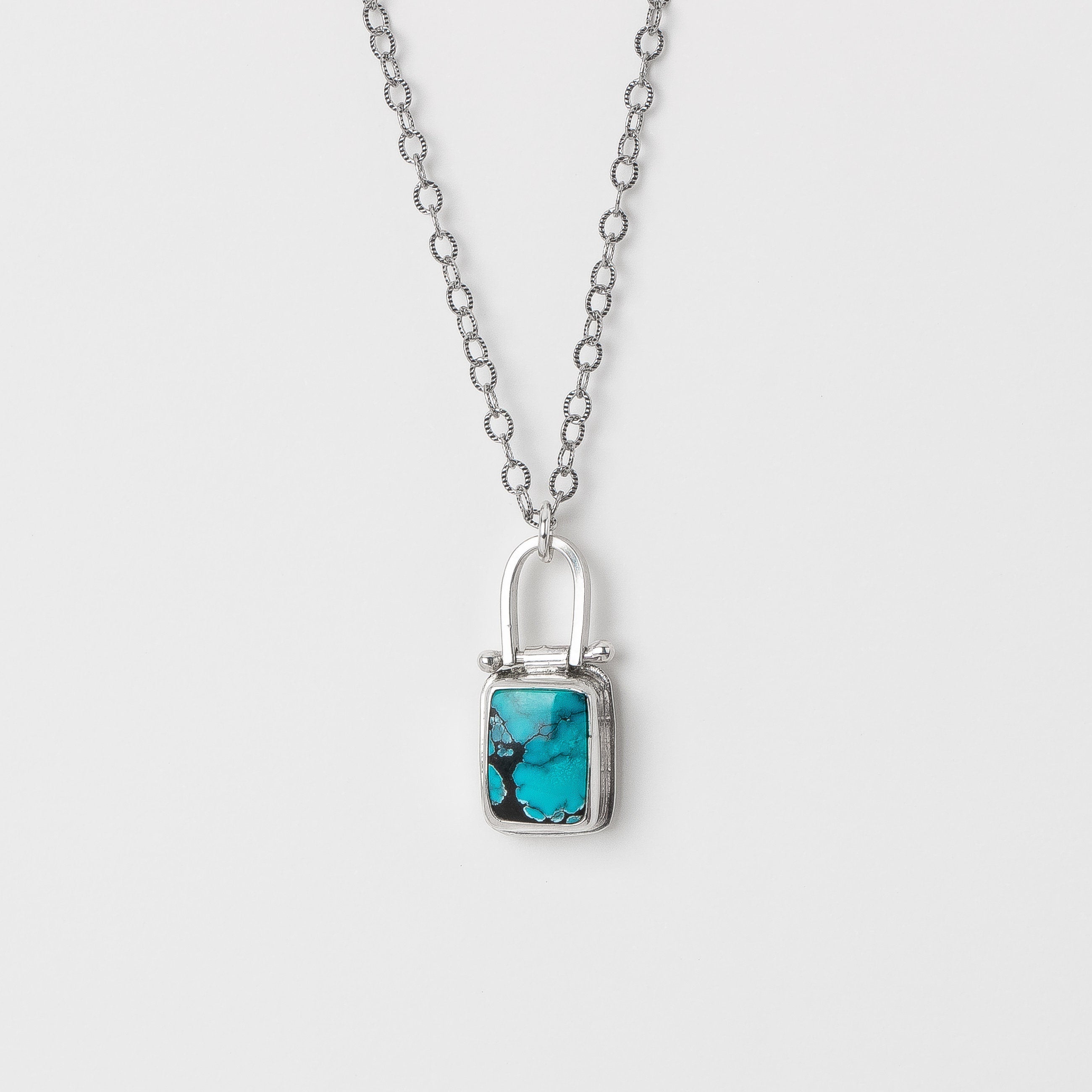Rectangle Cloud Mountain Turquoise Hinge Necklace In Sterling Silver | Pinned Adjustable Aqua Blue And Black Spiderweb Boho Pendant