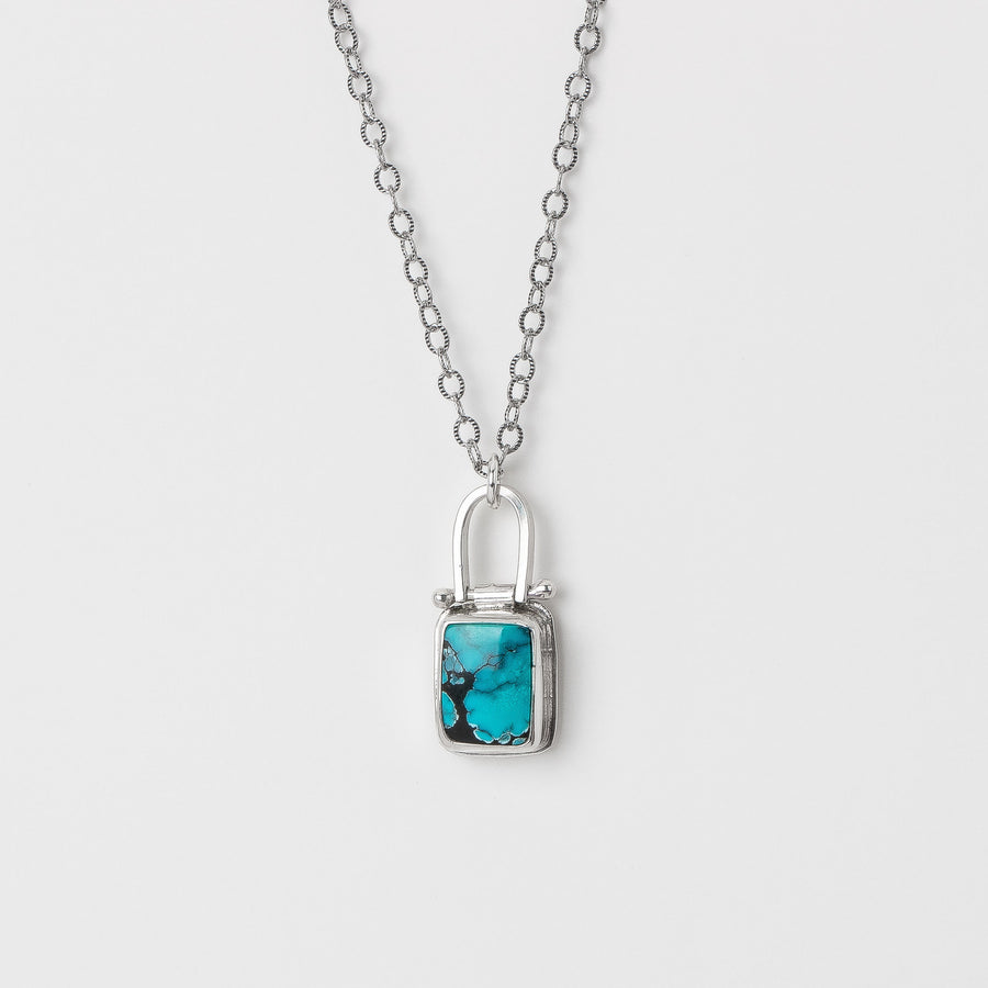 Rectangle Cloud Mountain Turquoise Hinge Necklace In Sterling Silver | Pinned Adjustable Aqua Blue And Black Spiderweb Boho Pendant