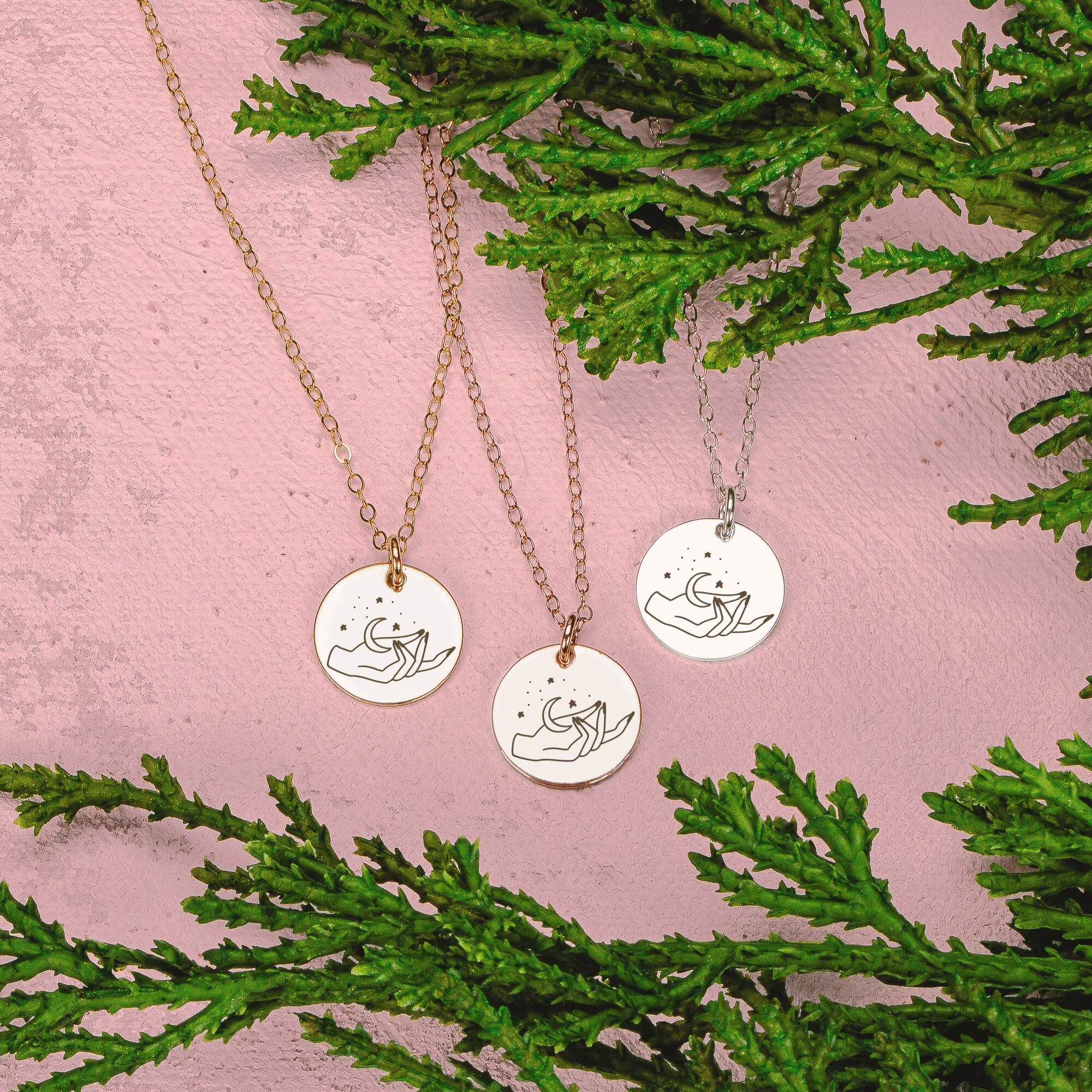 She Holds The Moon Disc Necklace - Melanie Golden Jewelry - disc necklaces, Engraved Jewelry, minimal minimal necklace, minimal necklace, mystic, necklace, necklaces