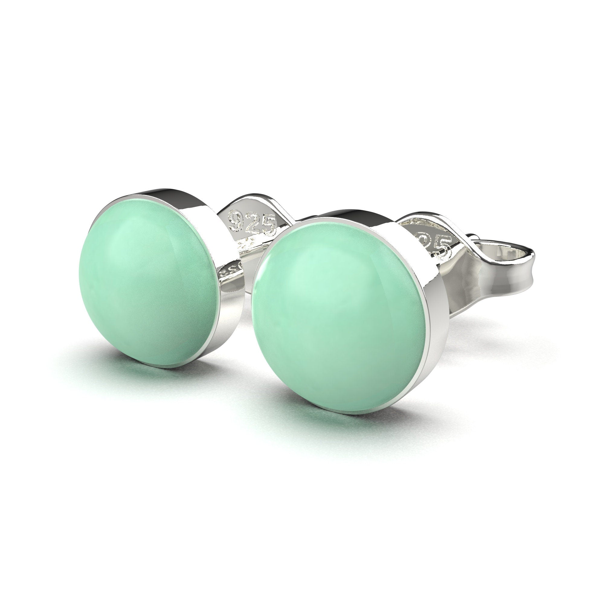 Lime Green Chrysoprase Gemstone Stud Earrings | Sterling Silver Round Circle Light Pastel Green Stone Post Earrings for Men & Women