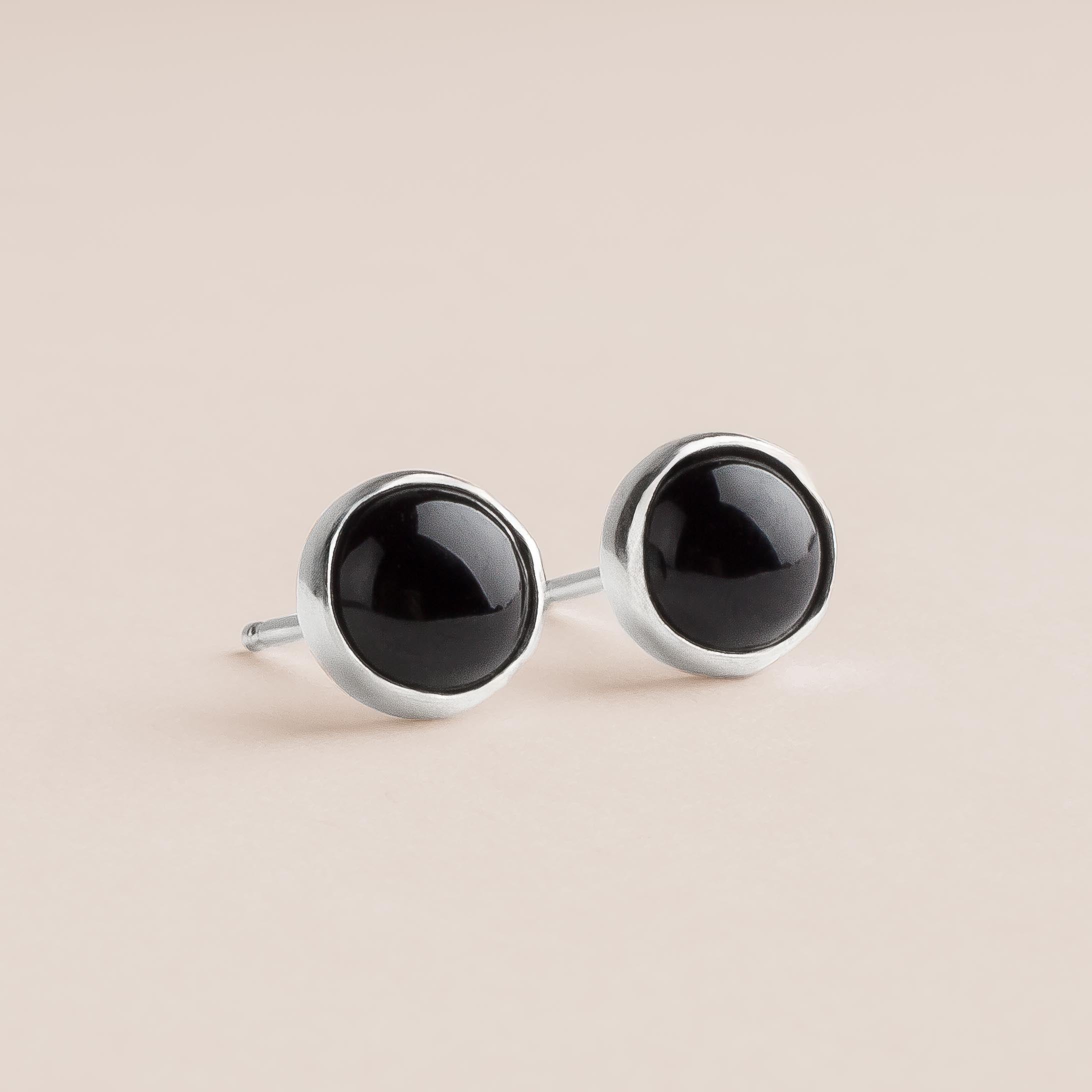 Black Onyx Gemstone Stud Earrings | Sterling Silver Round Circle Dark Stone Post Earrings for Women & Men | Unisex Earrings | Multiple Sizes | December Birthstone Alternative
