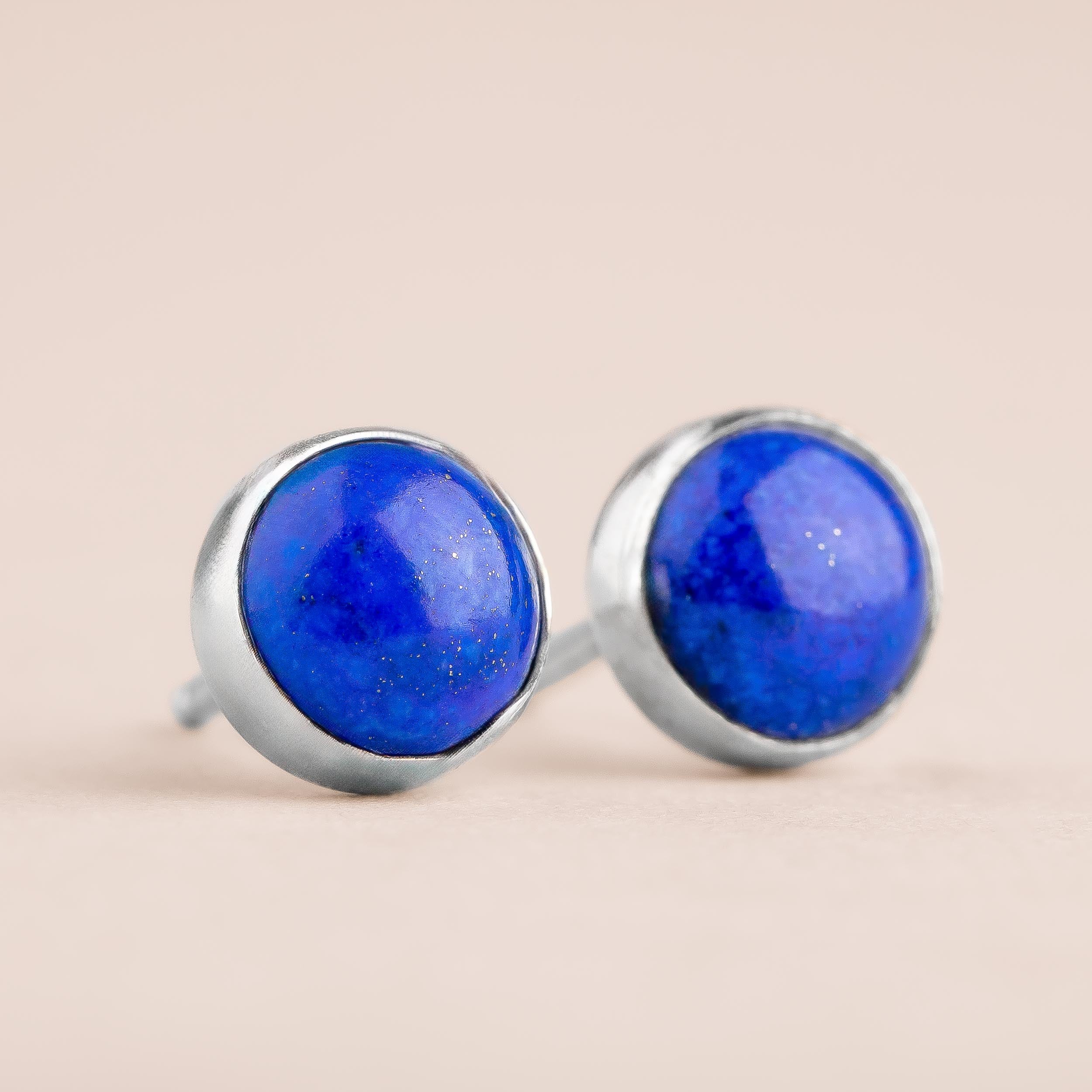 Lapis Lazuli Gemstone Stud Earrings | Sterling Silver Dark Denim Blue Round Circle Stone Post Earrings for Women or Men