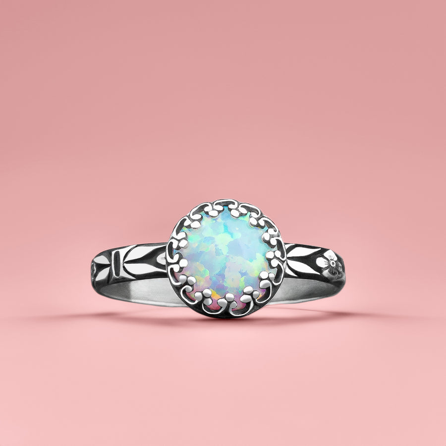 Opal Ring | Floral Flashy Colorful Multicolored Opal Solitaire Ring in Sterling Silver | October Birthstone Ring for Women and Girls | USA Sizes 4-12