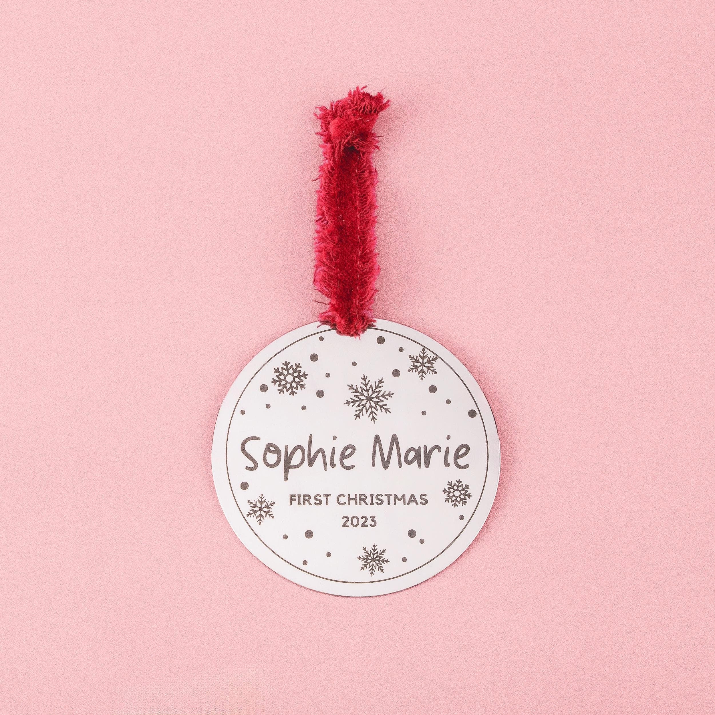 Baby's First Christmas Ornament | Personalized New Baby Holiday Tree Decoration | Newborn Name & Date Modern Brushed Silver Stainless Steel