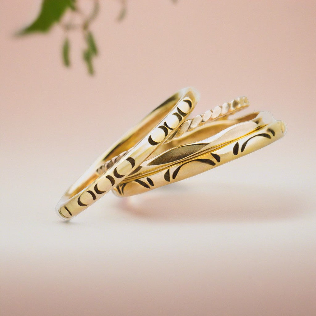 The Mini Happy Stack | Set of 4 Mixed Textures Stacking Rings in Gold, Rose Gold, or Silver | USA Sizes 4-12