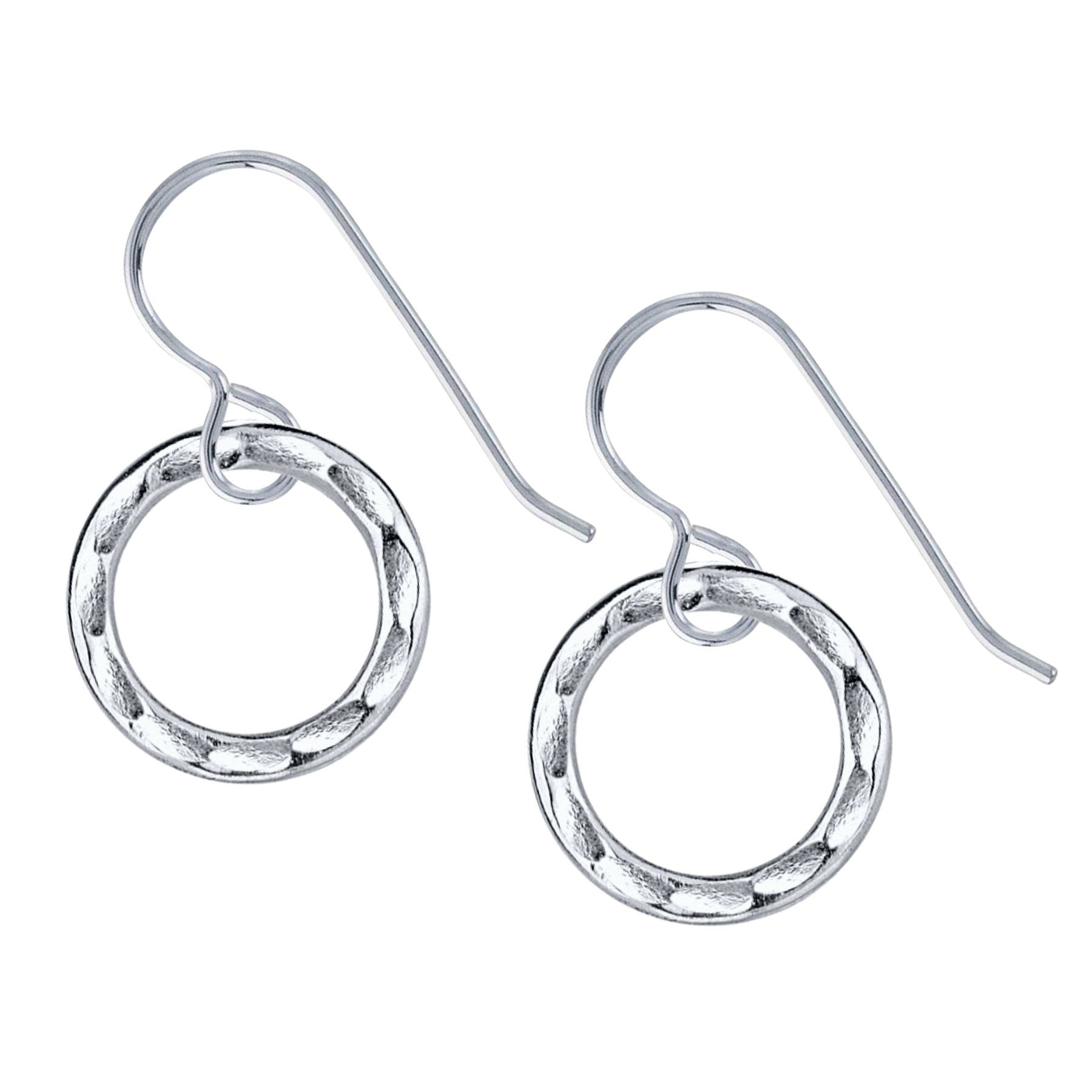 Small Sterling Silver Hammered Open Circle Dangle Drop Earrings | Minimalist Jewelry for Women & Girls | Tiny Geometric Round Halo Earrings