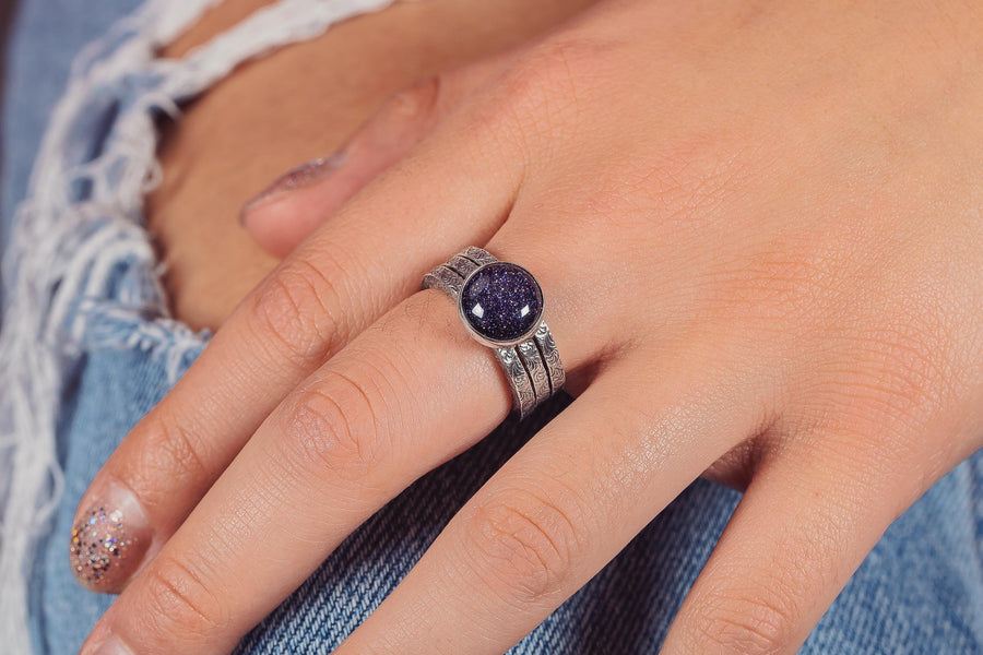 Night Sky Constellation Solitaire Ring with Paisley Pattern Band in Sterling Silver with Blue Goldstone | Star Galaxy Space Jewelry | Comfort Fit USA Sizes 4-12