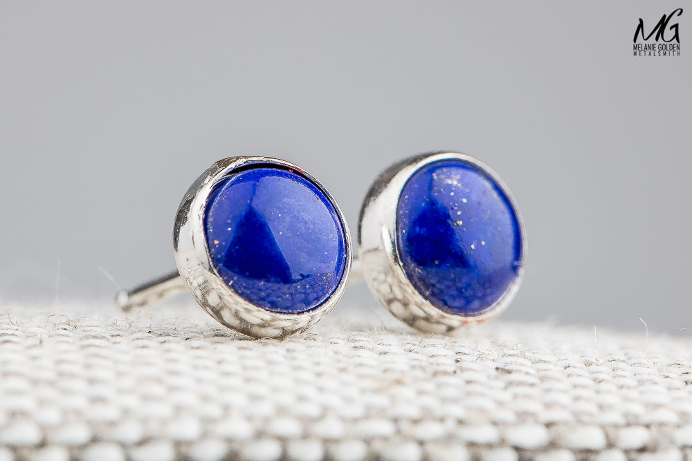 Lapis Lazuli Gemstone Stud Earrings | Sterling Silver Dark Denim Blue Round Circle Stone Post Earrings for Women or Men
