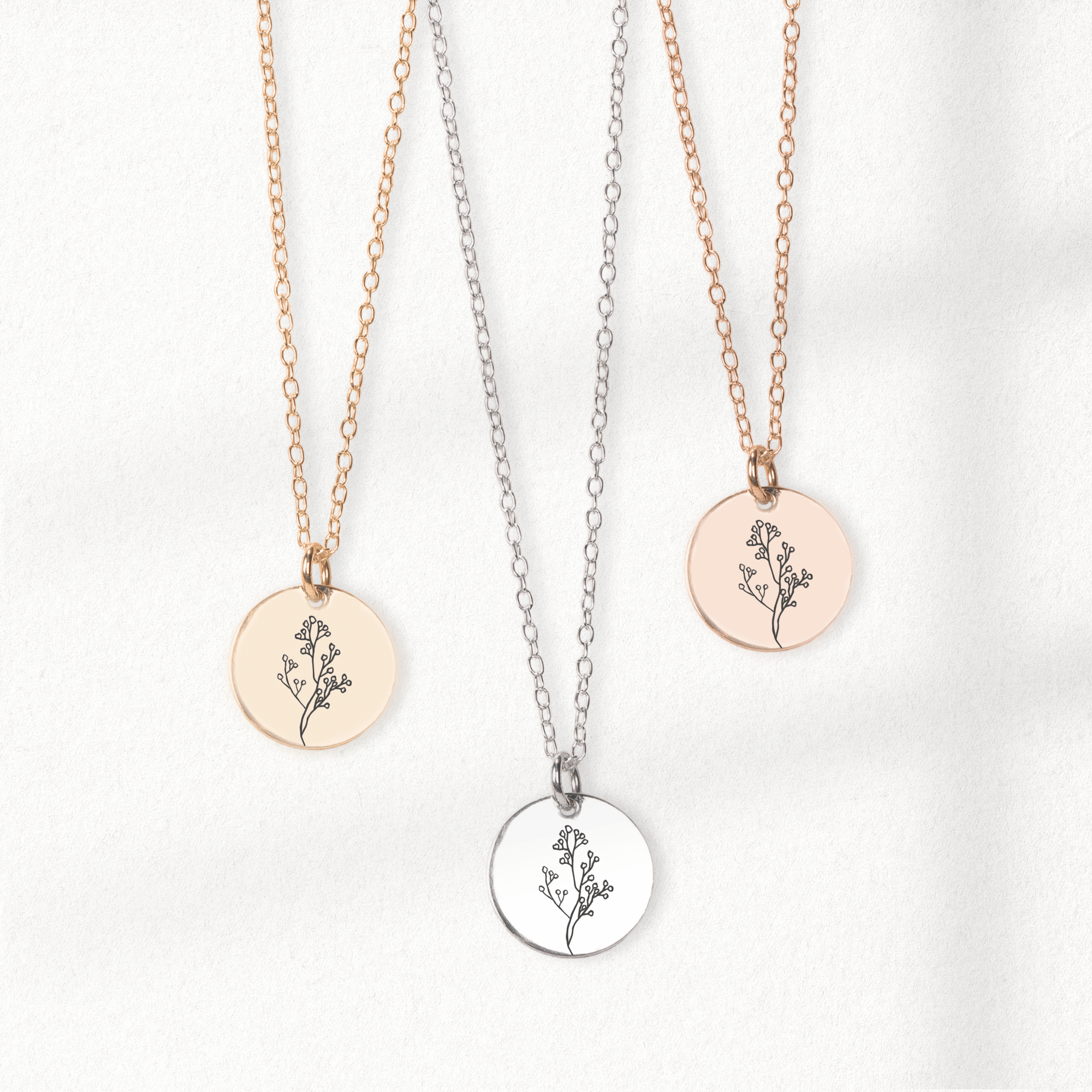Baby's Breath Flowers Disc Necklace | Engraved Round Bohemian Necklace in Silver, Gold, or Rose Gold | Gift for Mom, Mothers, Friend, Plant Lover | Boho Jewelry