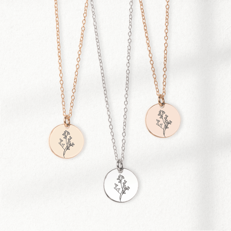Baby's Breath Flowers Disc Necklace | Engraved Round Bohemian Necklace in Silver, Gold, or Rose Gold | Gift for Mom, Mothers, Friend, Plant Lover | Boho Jewelry