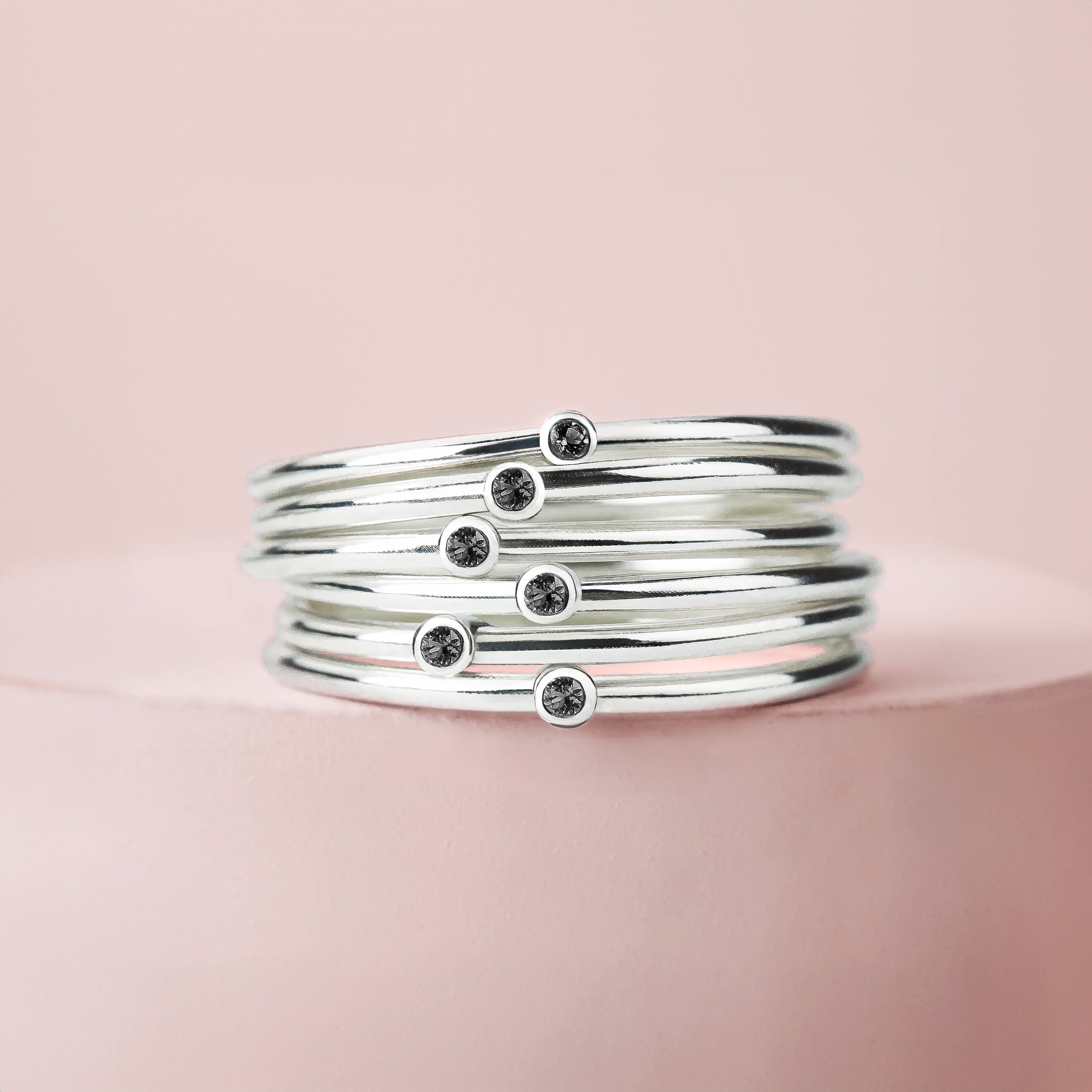 Black Diamond Stacking Rings | Sterling Silver Natural Black Diamond Stackable Stack Thin Ring Bands Minimal Engagement Wedding