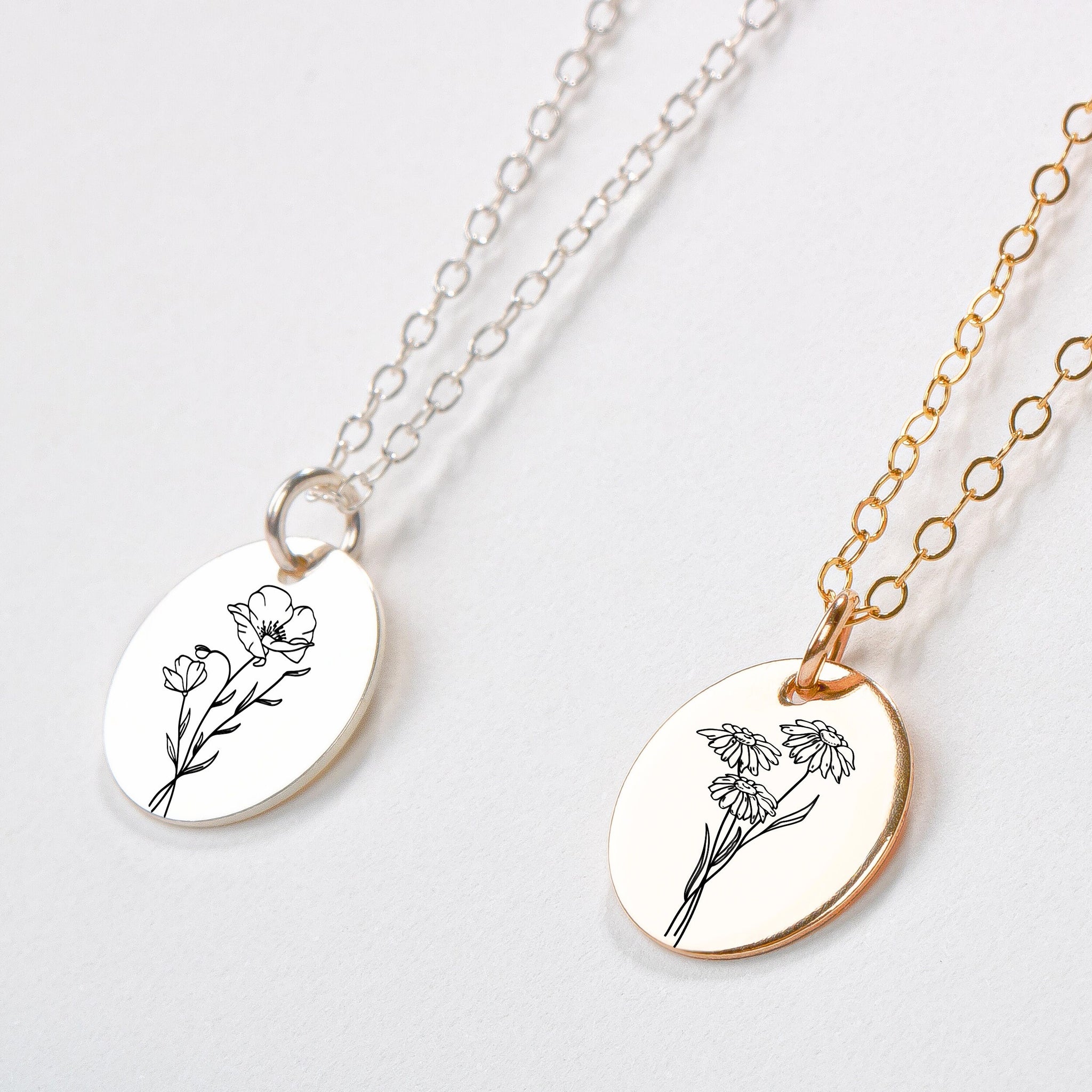 Birth Flower Disc Necklace | Personalized Engraved Circle, Silver Gold or Rose Gold | Floral Birthday Month Pendant Gift for Her Bridesmaid