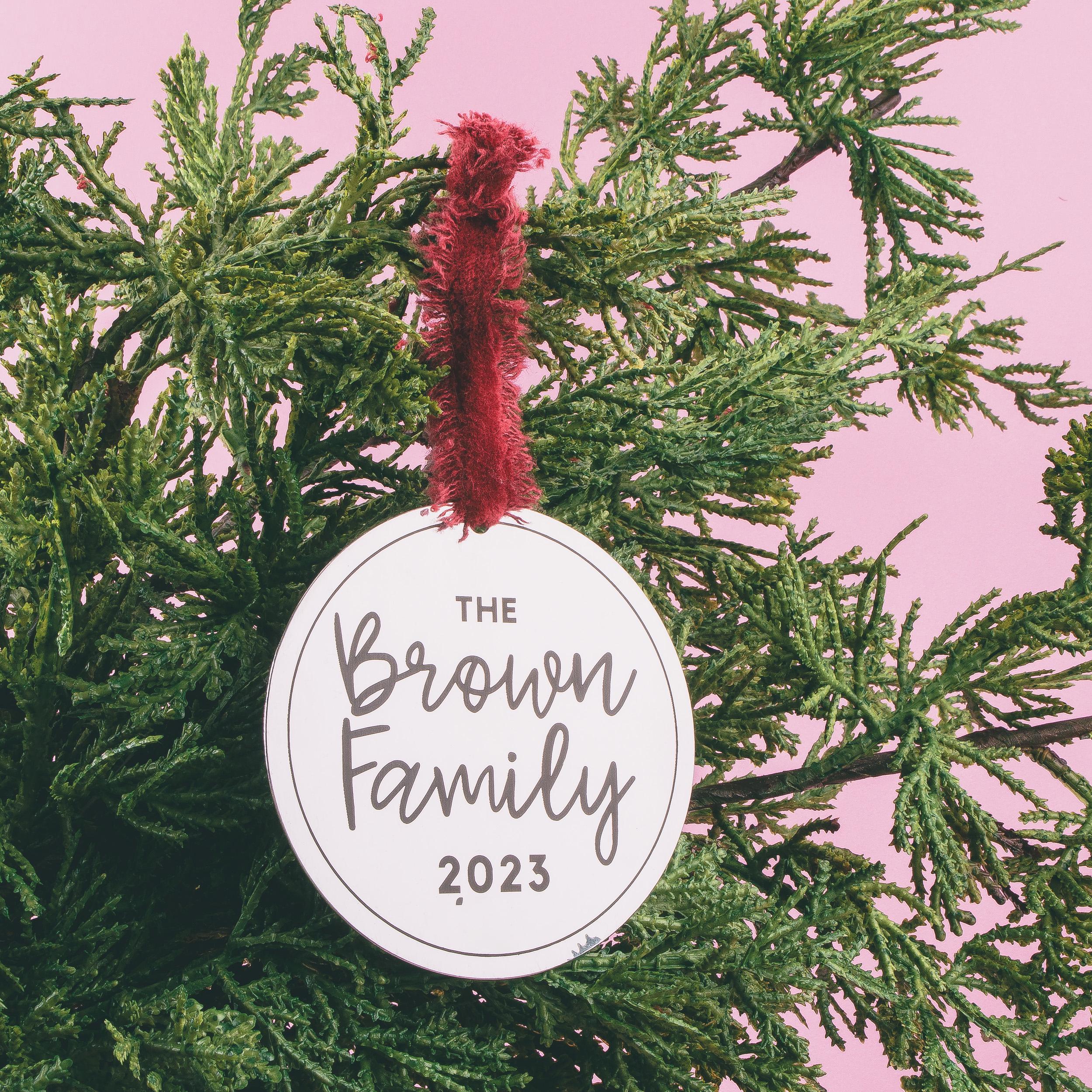 Personalized Family Christmas Ornament | Gift for Newlyweds | Custom Name & Date Holiday Decoration | Modern Brushed Stainless Steel Bauble