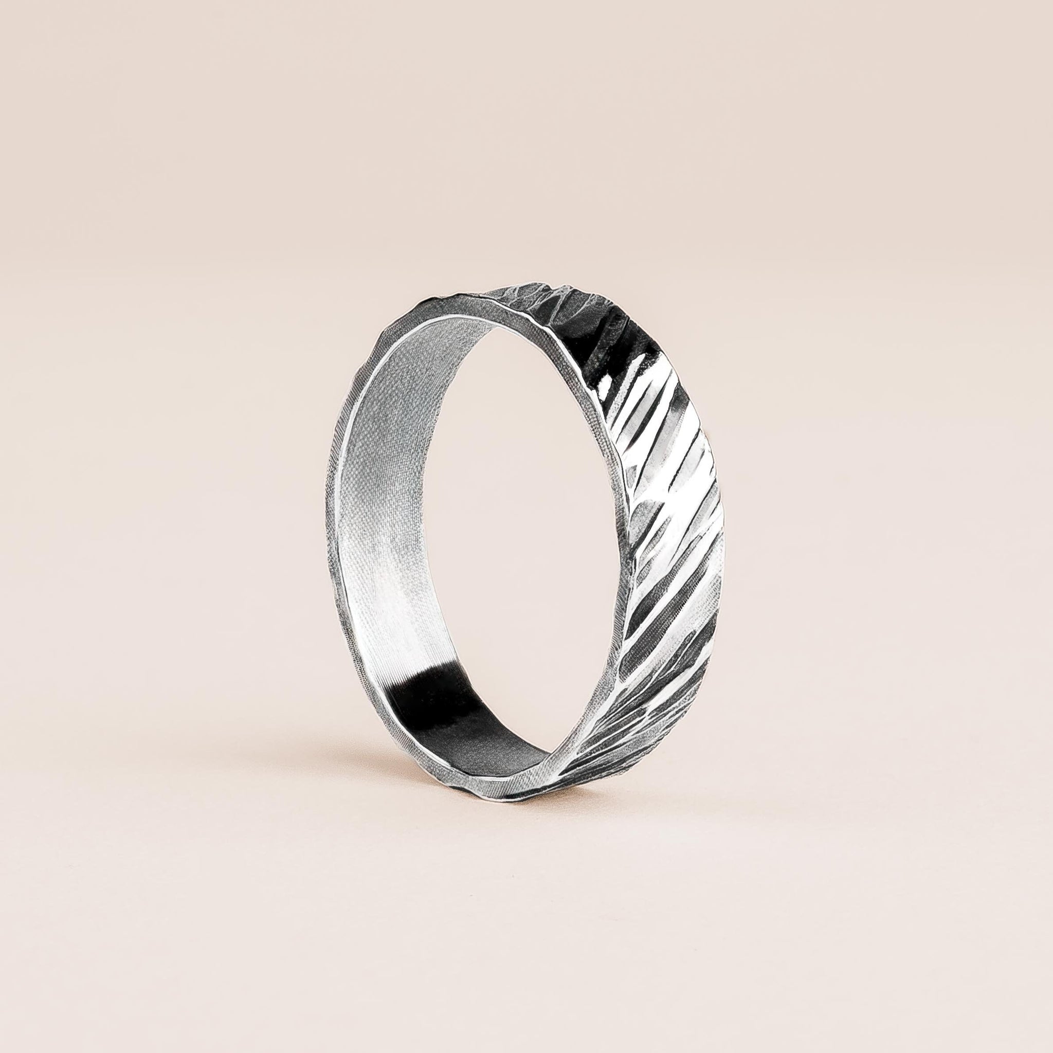 Dune Ring | Mens Diagonal Lined Rough & Rugged Hammered Wide Band | Oxidized Black Sterling Silver | Wedding Engagement Ring Gift for Men