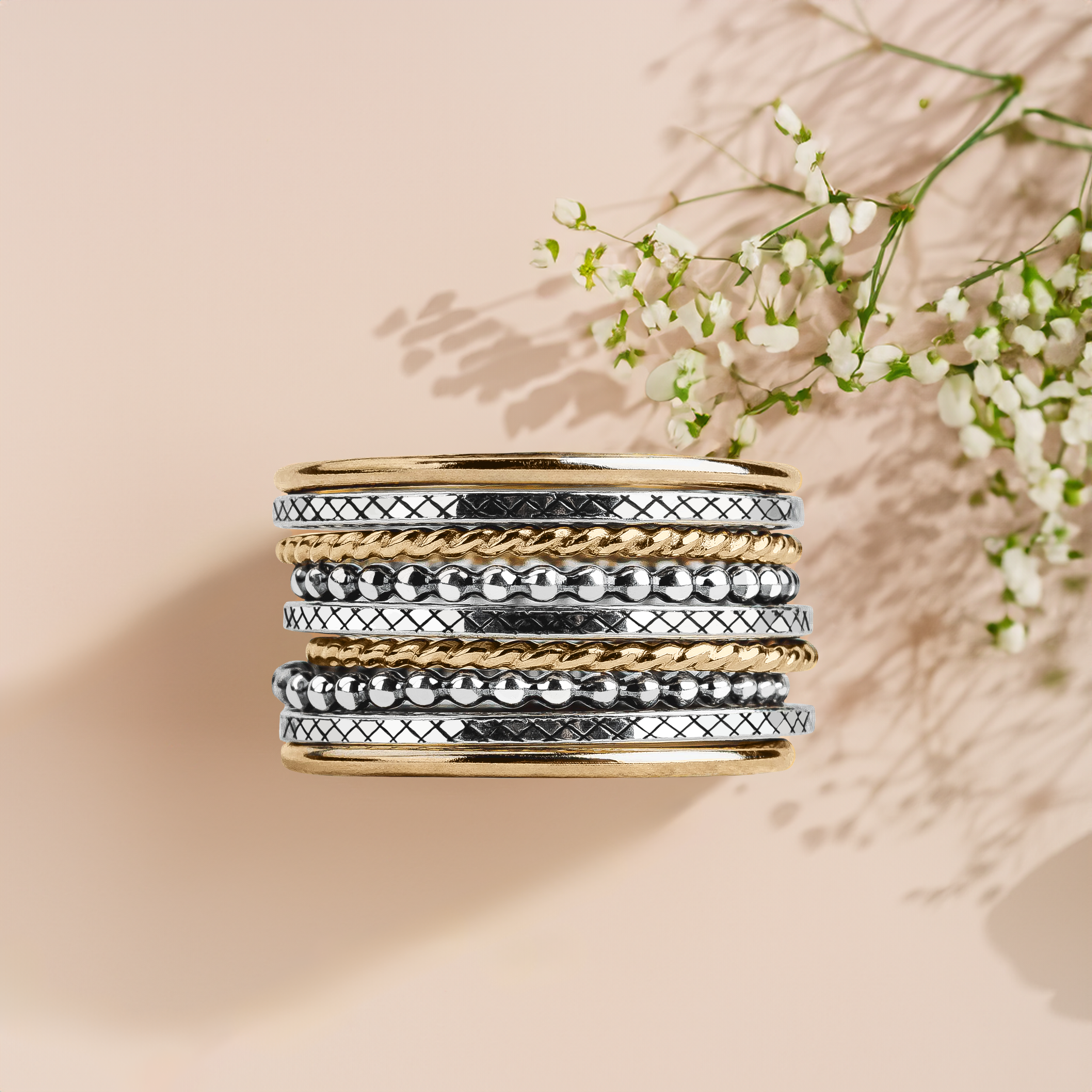 The Nova Stack | Set of 9 Mixed Metal Textured Stacking Rings in Gold and Silver | USA Sizes 4-12