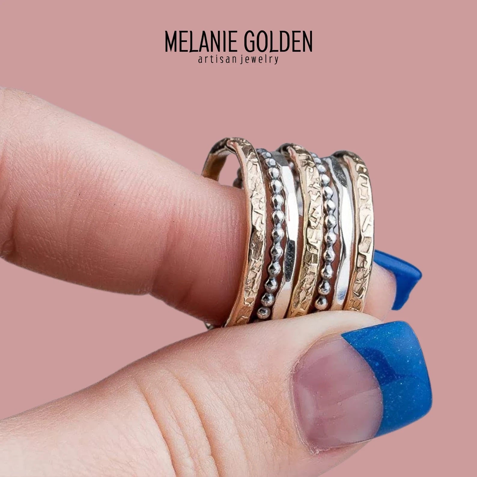 The Demi Stack | Set of 7 Mixed Metal Stackable Rings in Gold and Silver | Bold Statement Ring Bands | USA Sizes 4-12