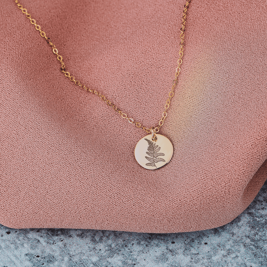Fern Disc Necklace | Engraved Coin Necklace in Silver, Gold, or Rose Gold | Boho Bohemian Plant Nature Lover Jewelry for Women