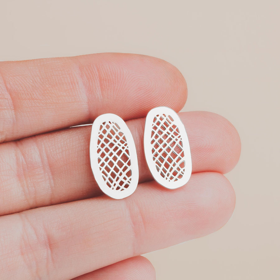 Lattice Stud Earrings | Sterling Silver Large Big Organic Shaped Oval Crosshatched Checkered Grid Post Earrings | Perfect Gift for Her