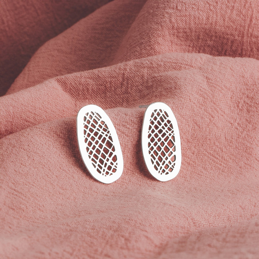 Lattice Stud Earrings | Sterling Silver Large Big Organic Shaped Oval Crosshatched Checkered Grid Post Earrings | Perfect Gift for Her
