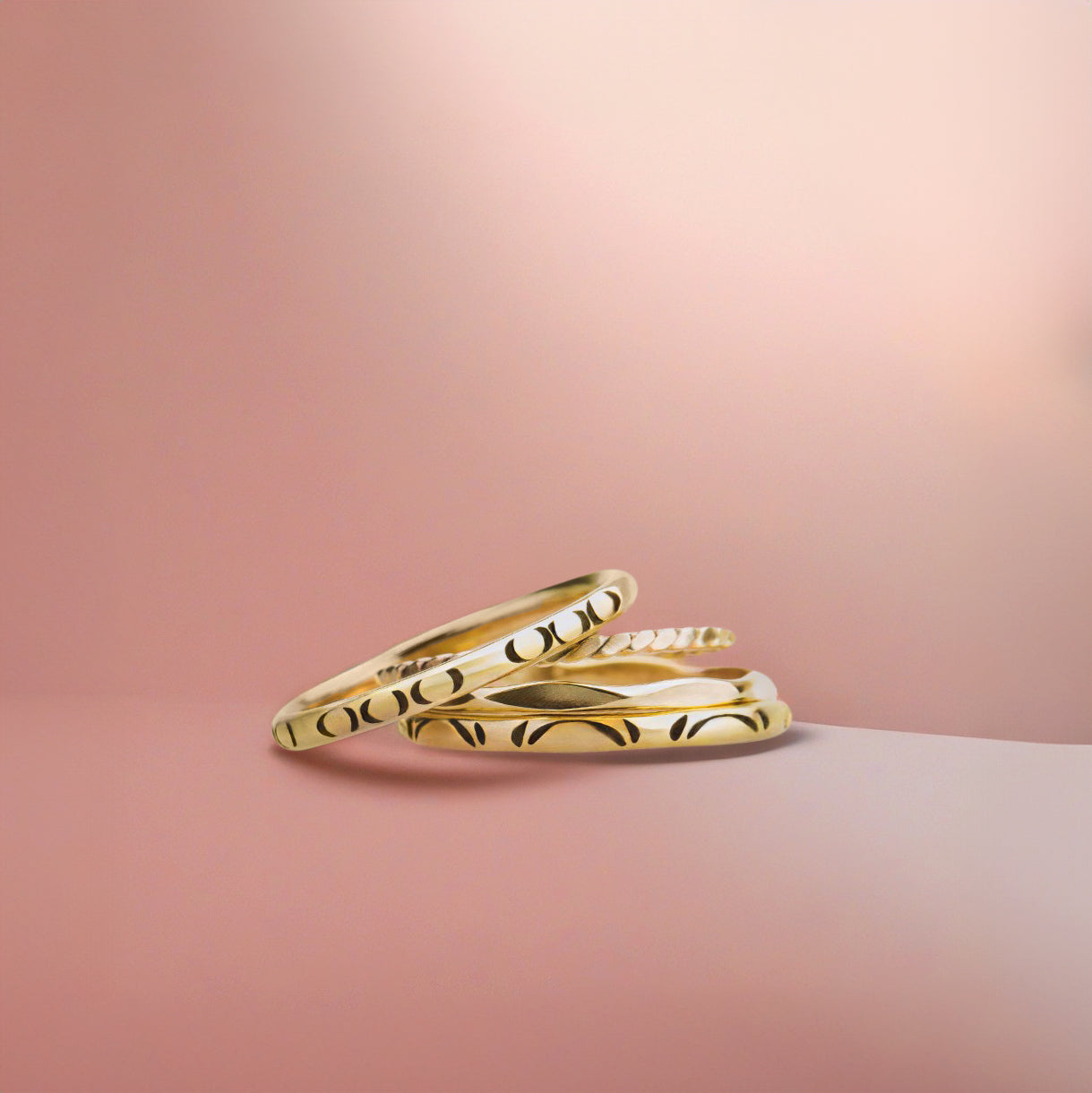 The Mini Happy Stack | Set of 4 Mixed Textures Stacking Rings in Gold, Rose Gold, or Silver | USA Sizes 4-12