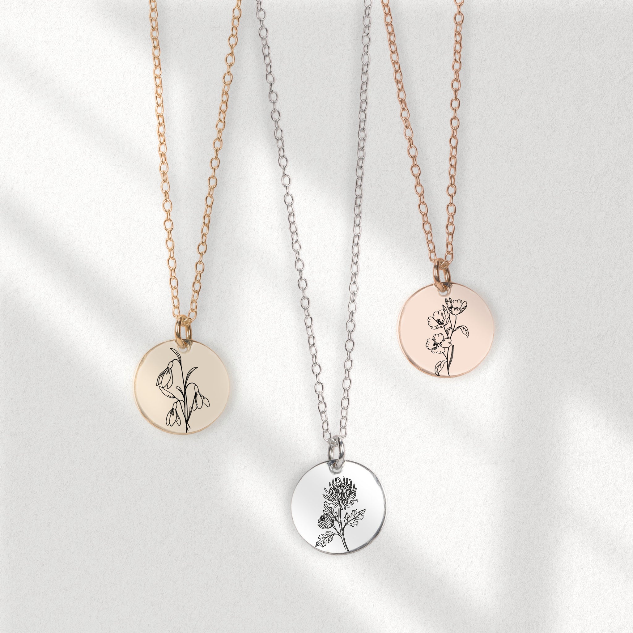 Birth Flower Disc Necklace | Personalized Engraved Circle, Silver Gold or Rose Gold | Floral Birthday Month Pendant Gift for Her Bridesmaid