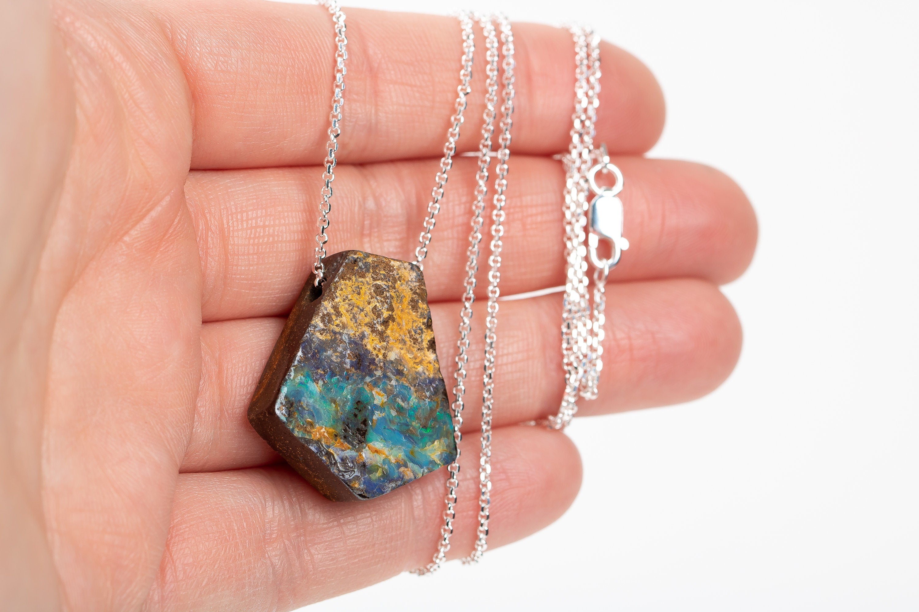 Long Colorful Boulder Opal Necklace In Sterling Silver |Natural RawRainbow Multicolored Extra Long Boho Bohemian Pendant Necklace