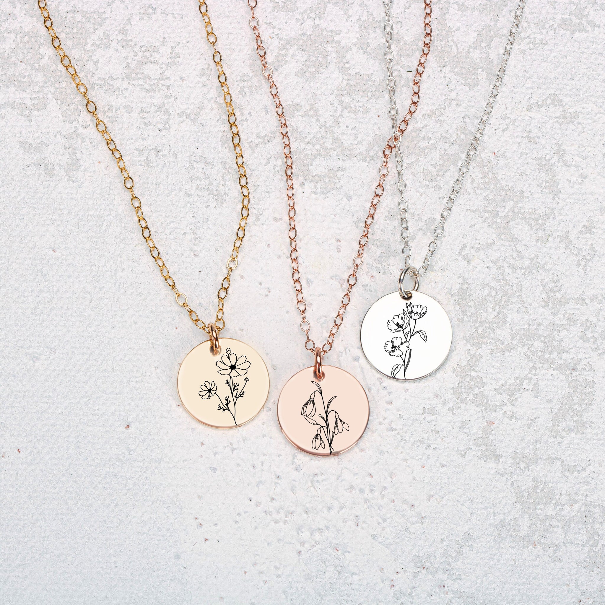 Birth Flower Disc Necklace | Personalized Engraved Circle, Silver Gold or Rose Gold | Floral Birthday Month Pendant Gift for Her Bridesmaid