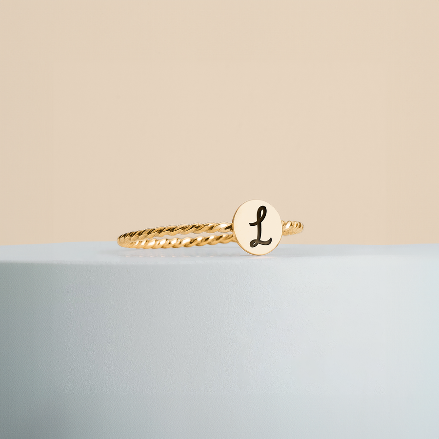 Initial Braided Rope Ring | Personalized Custom Letter Ring Band in Silver, Gold, Or Rose Gold | Family Signet Monogram Stackable Twist Ring