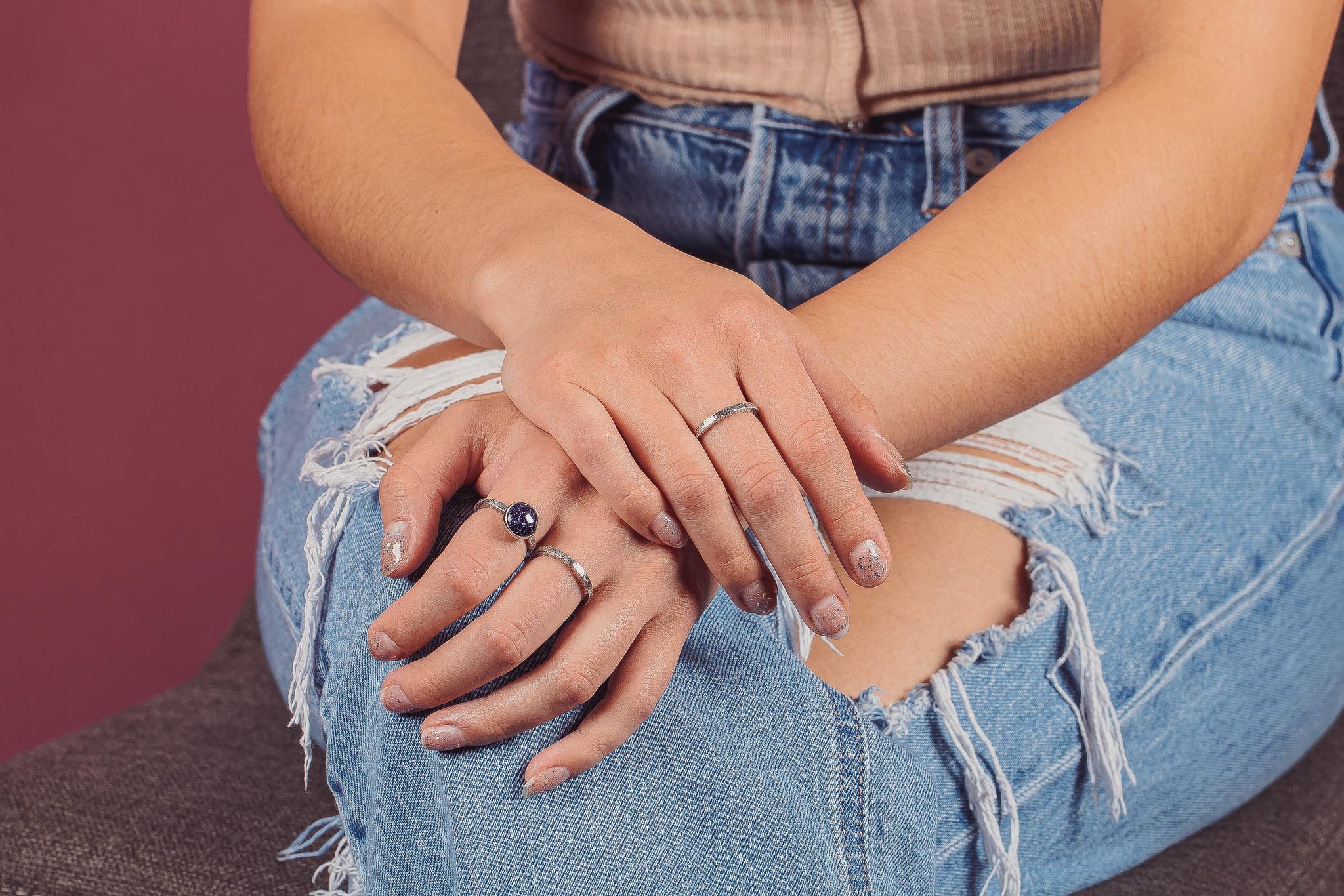 Night Sky Constellation Solitaire Ring with Paisley Pattern Band in Sterling Silver with Blue Goldstone | Star Galaxy Space Jewelry | Comfort Fit USA Sizes 4-12