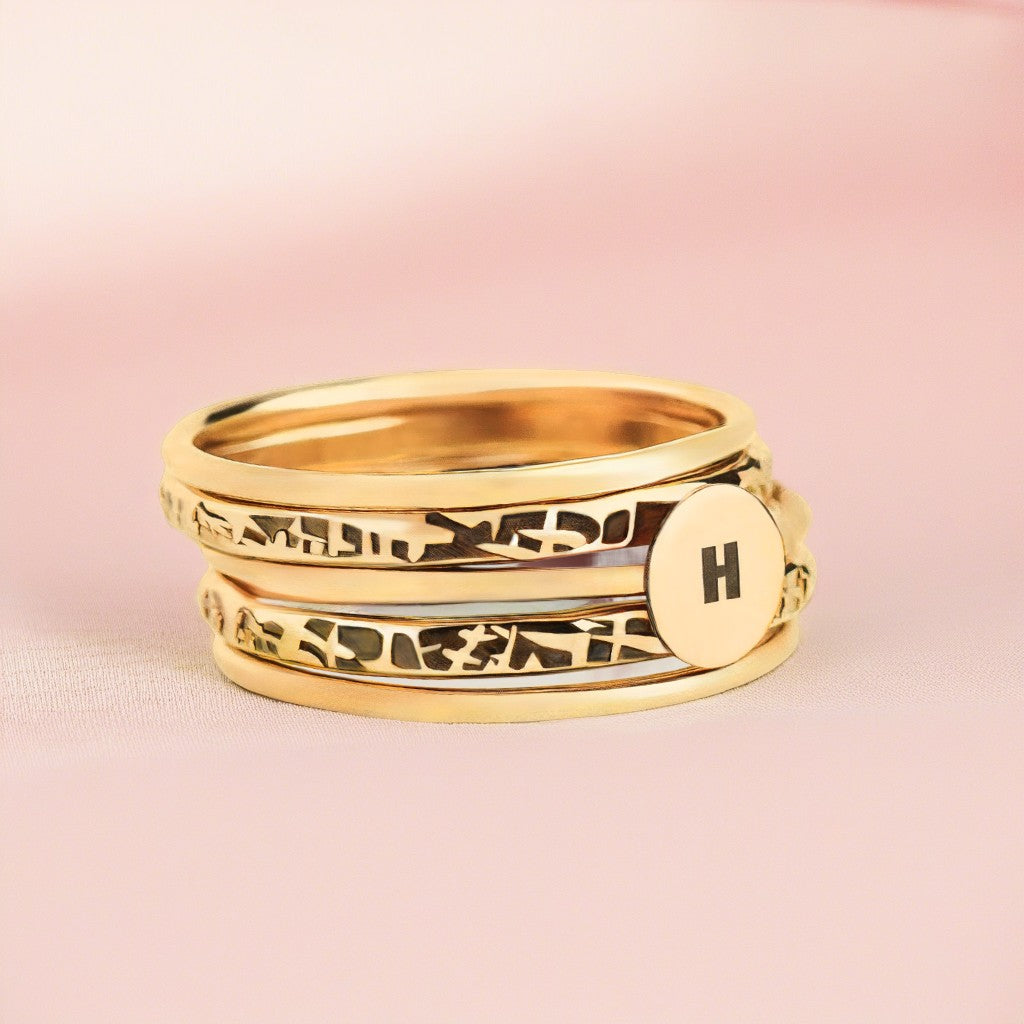 Initial Stacking Rings Set Of 5 In Gold, Silver, Or Rose Gold | Personalized Custom Letter Monogram Stackable Stack Stacking Family Ring