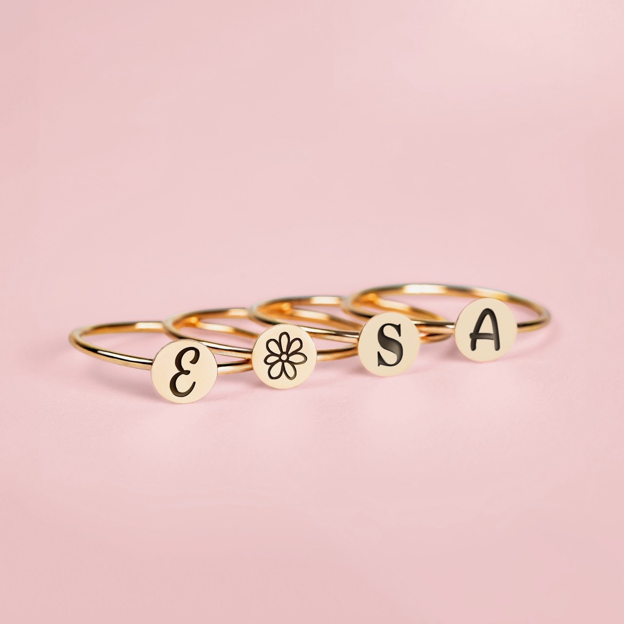 Initial or Symbol Stacking Signet Ring Band | Personalized Stackable Circle Disc Letter Ring in Silver, Gold, or Rose | Family Monogram Gift
