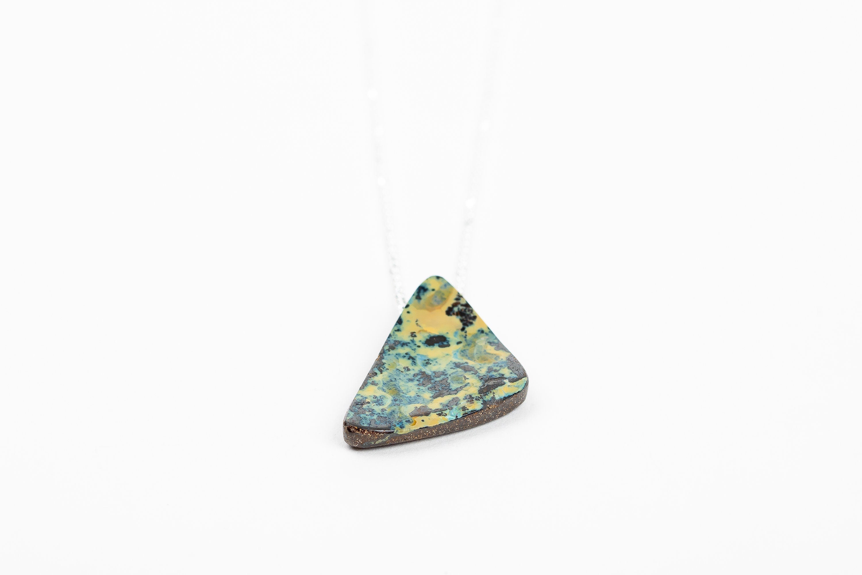 Green And Yellow Boulder Opal Necklace In Sterling Silver On Long Chain | Natural Multicolored Extra Long Gemstone Boho Pendant Necklace