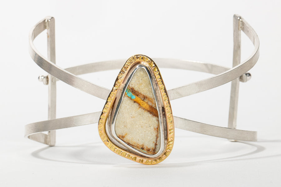 Royston Ribbon Turquoise Cuff Bracelet | Mixed Metal Aqua Blue Triangle Gemstone Cuff With Safety Latch | Boho Bohemian Jewelry