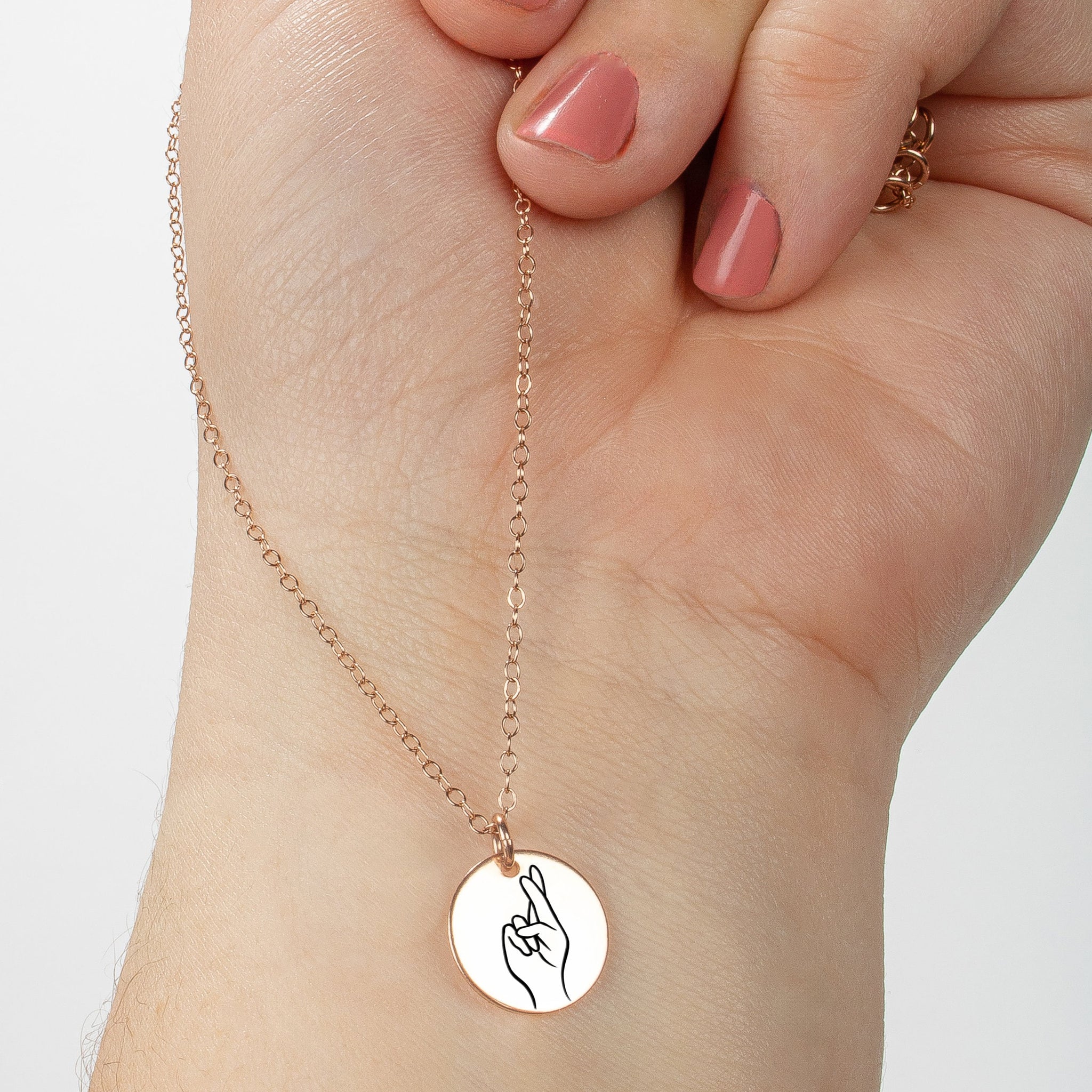 Hand Gesture Necklace | Engraved Circle Disc Pendant, Silver Gold or Rose | ASL Sign Language Cool Gift Idea for Friends Sisters Besties