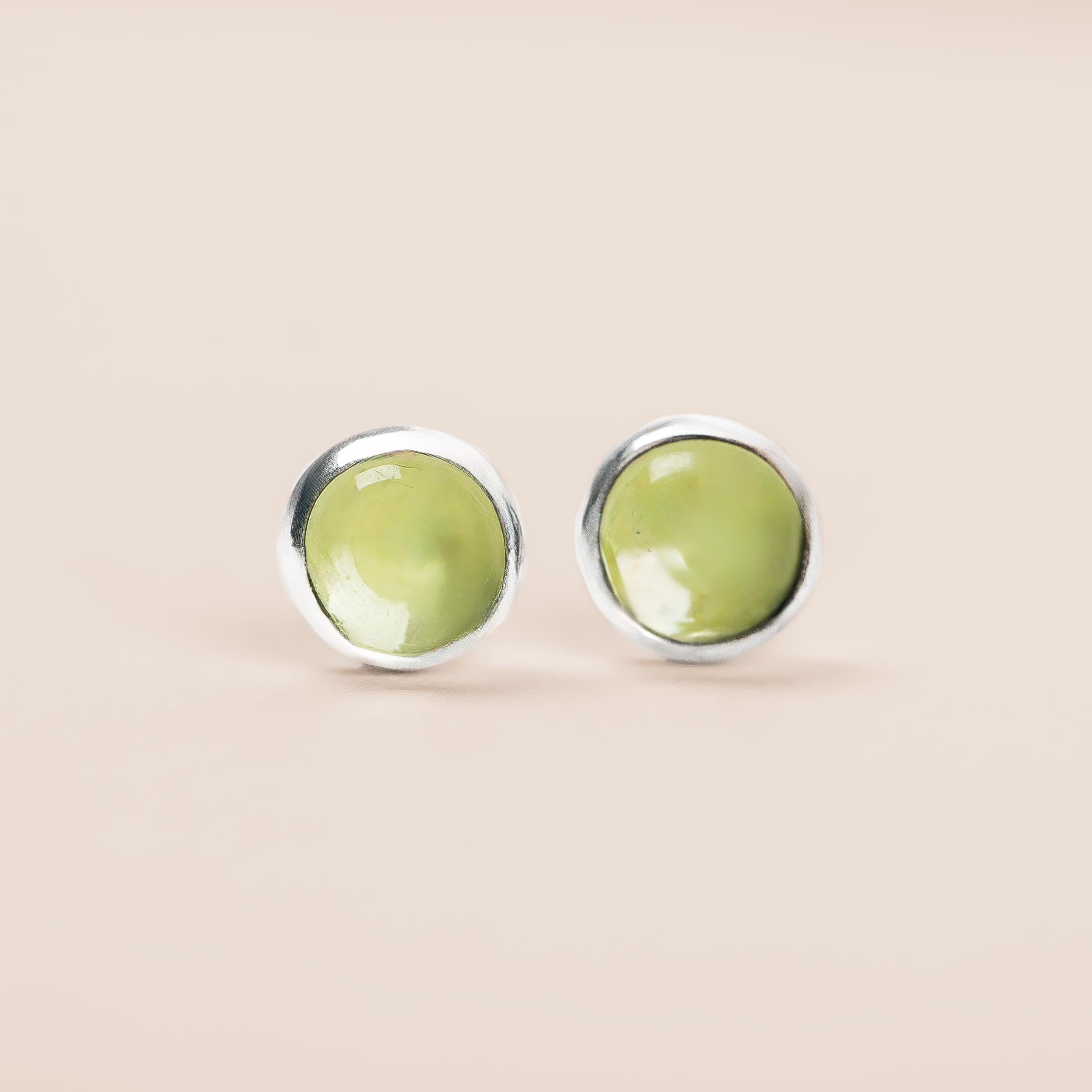 Lime Green Peridot Gemstone Stud Earrings | Tiny Sterling Silver Round Circle Light Green Stone Post Earrings for Women & Men | August Birthstone