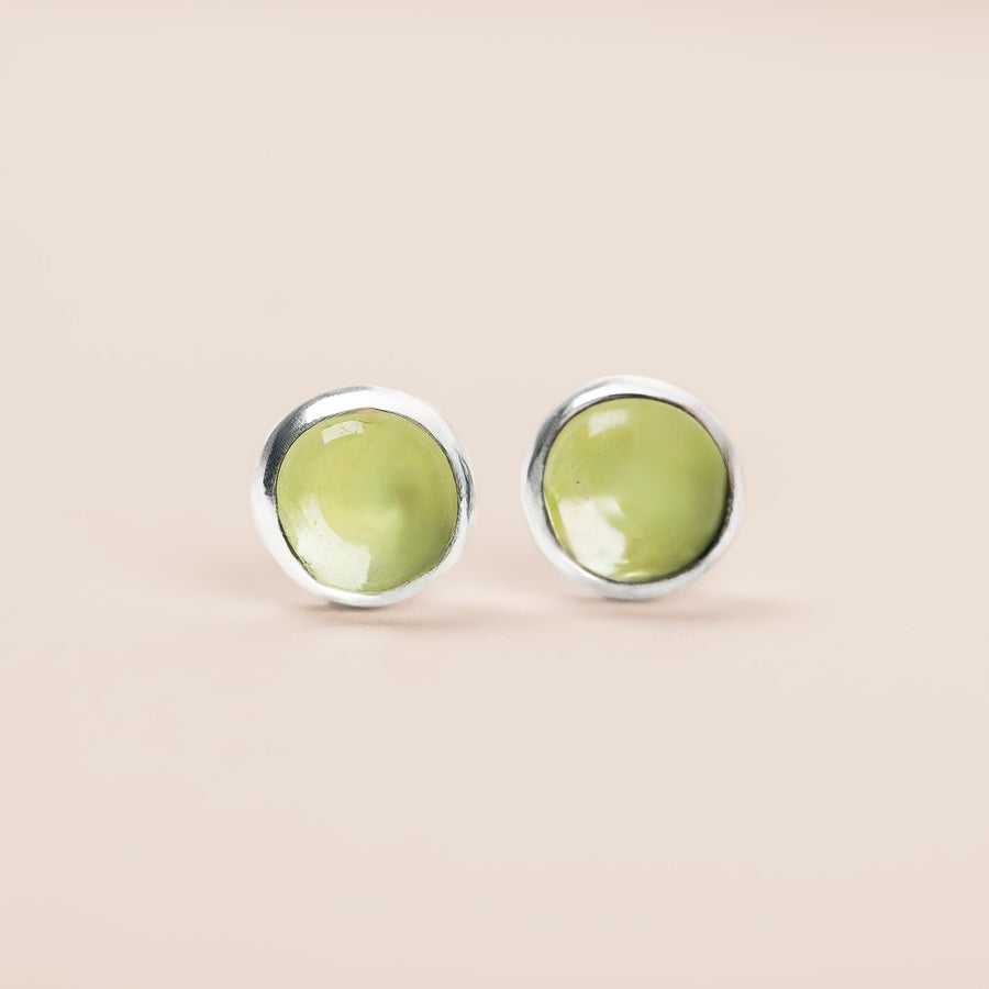 Lime Green Peridot Gemstone Stud Earrings | Tiny Sterling Silver Round Circle Light Green Stone Post Earrings for Women & Men | August Birthstone