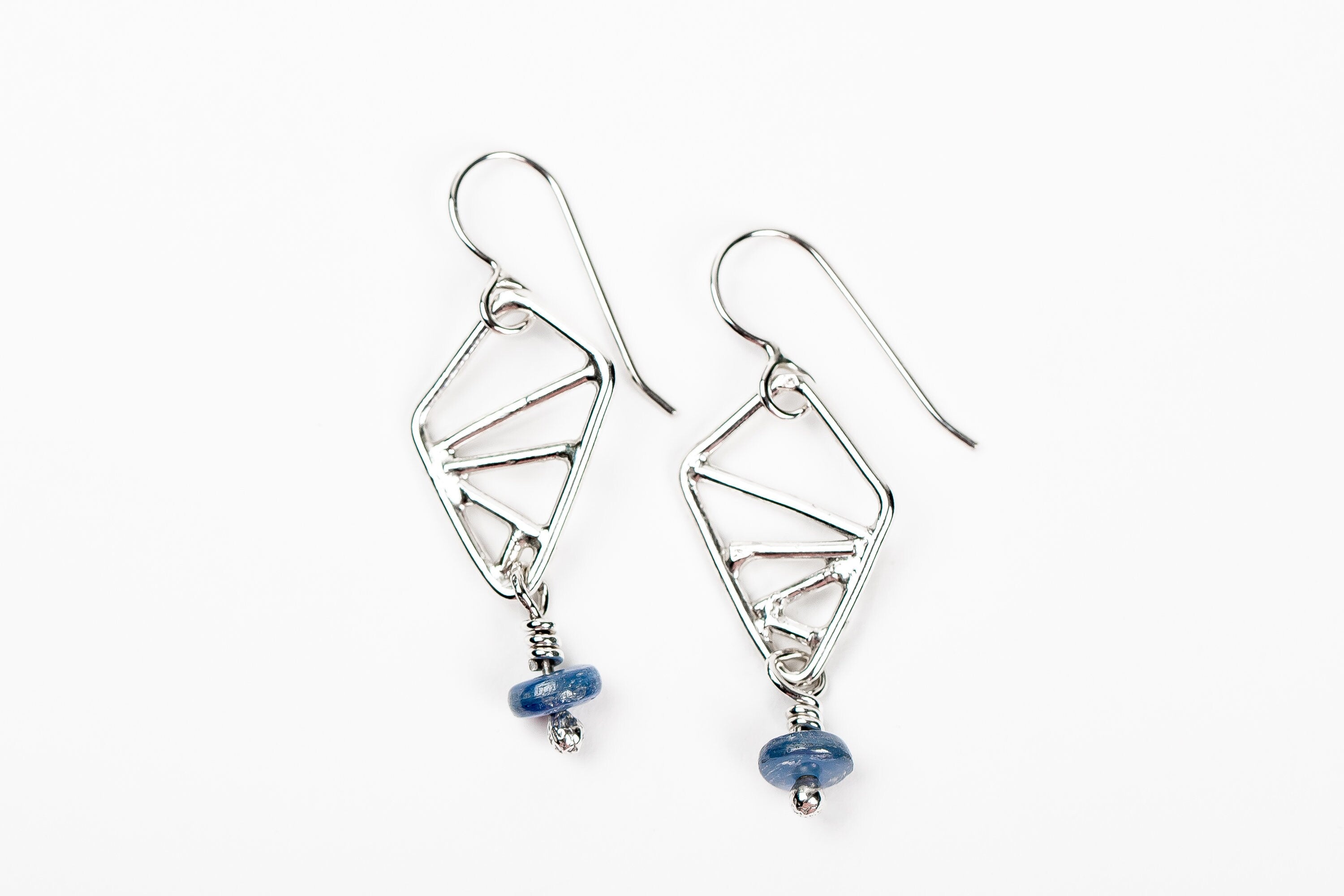 Sterling Silver Geometric Drop Earrings With Blue Kyanite Gemstones | Small Triangular Diamond Dark Blue Minimal Geo Dangle Drop Earrings