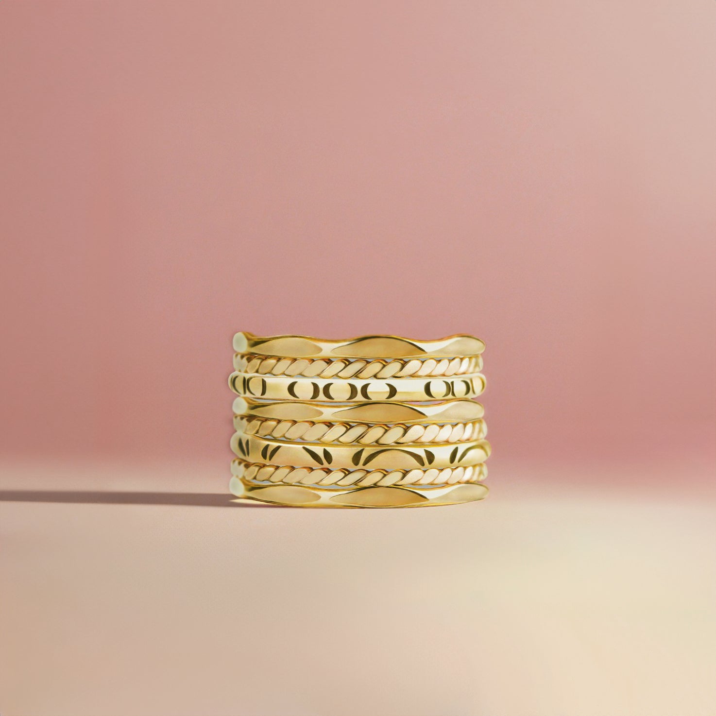 The Happy Stack | Set of 8 Mixed Textures Stacking Rings in Gold, Rose Gold, or Silver | USA Sizes 4-12