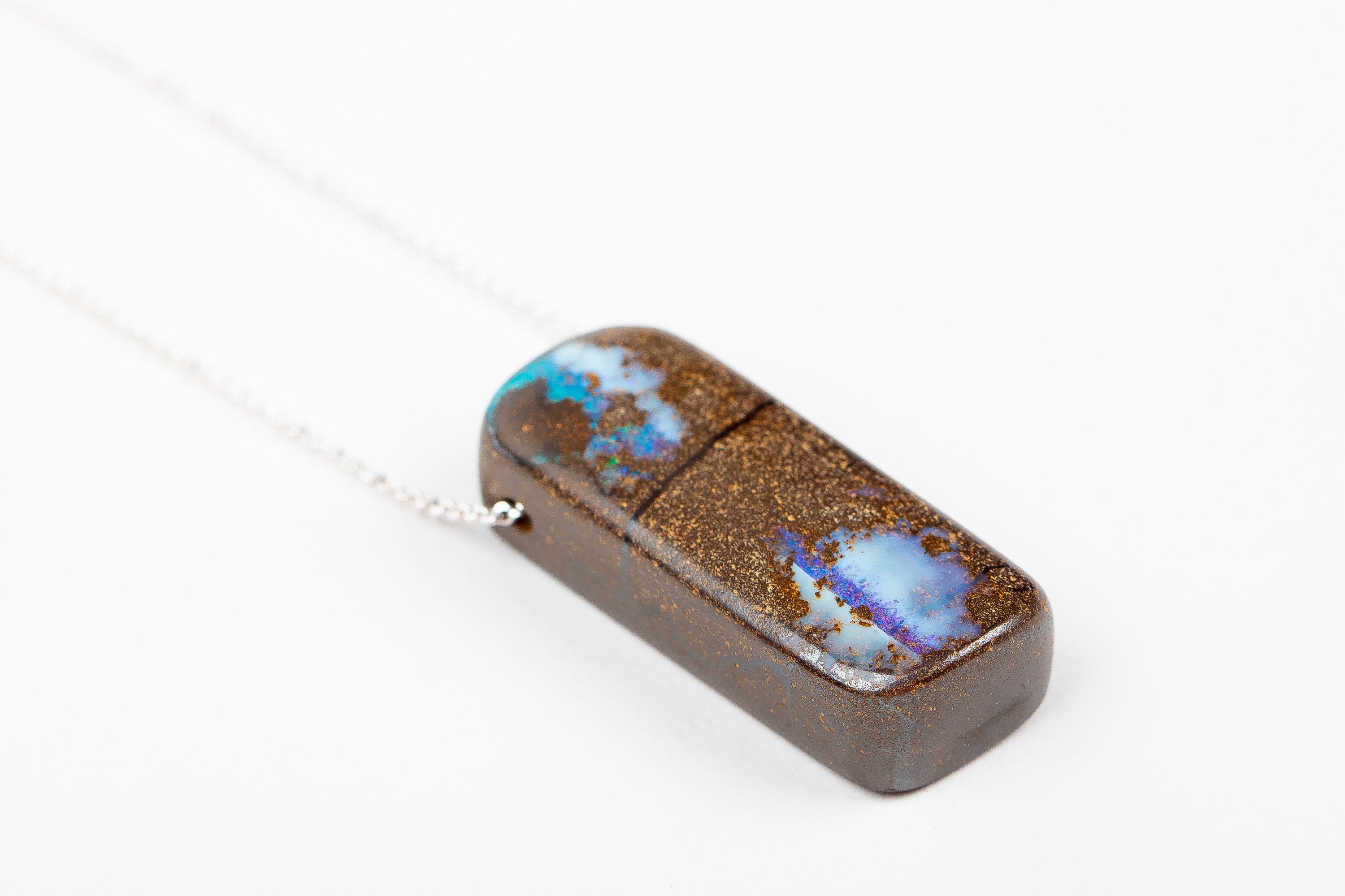 Huge Blue Boulder Opal Necklace In Sterling Silver On Long Rolo Chain | Natural Teal Multicolored Extra Long Gemstone Boho Pendant Necklace