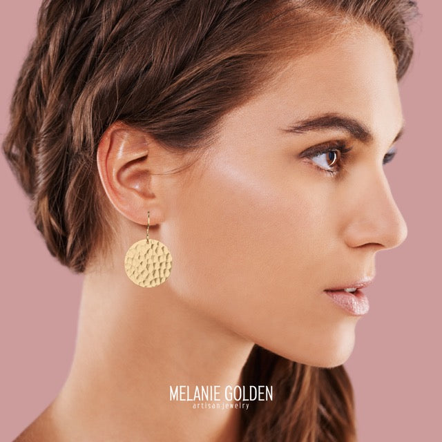 Gold Hammered Disc Dangle Earrings - Melanie Golden Jewelry - dangle earrings, earrings