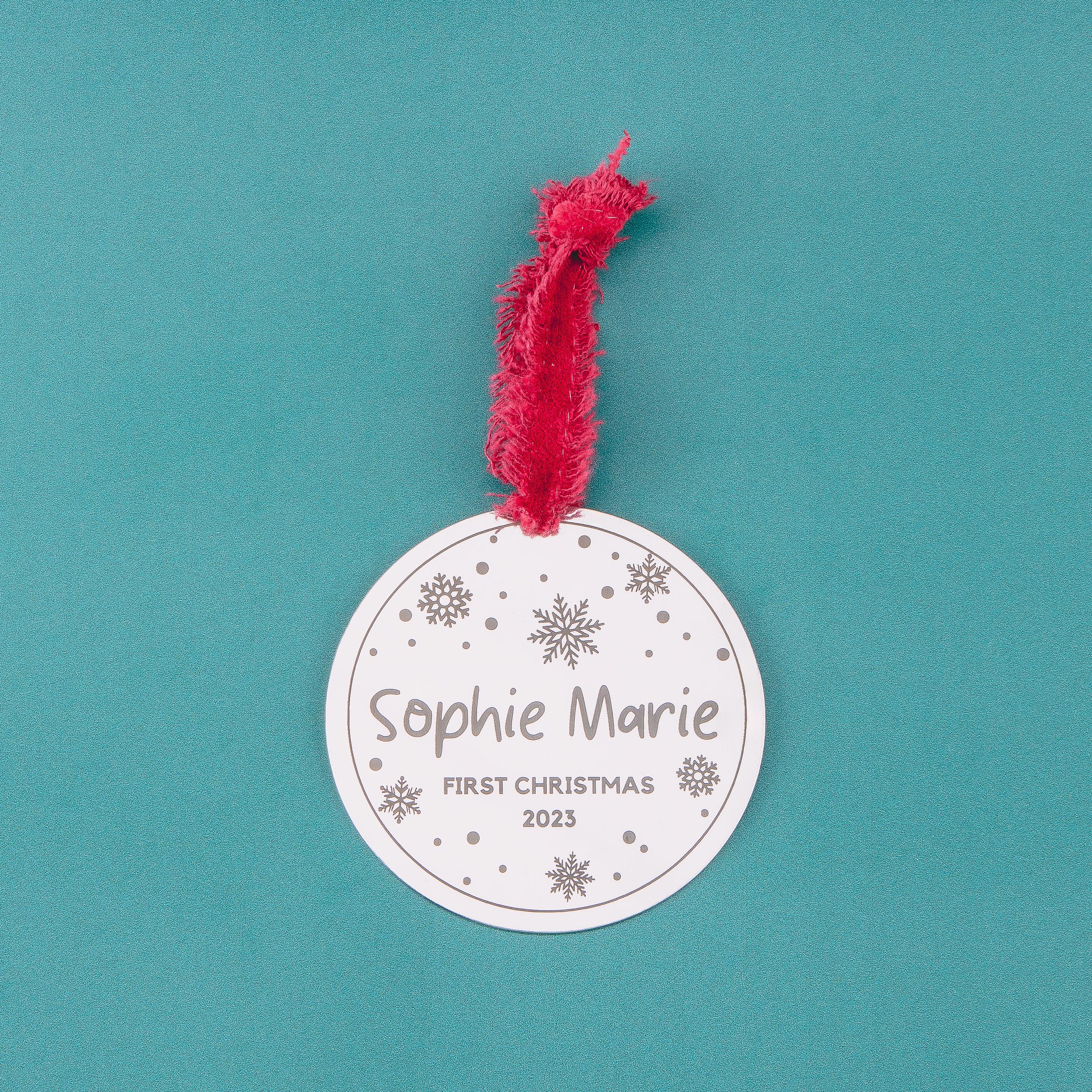 Baby's First Christmas Ornament | Personalized New Baby Holiday Tree Decoration | Newborn Name & Date Modern Brushed Silver Stainless Steel
